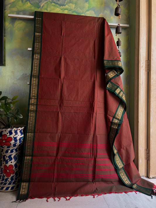 Pure Cotton Red Green Dual Toned Kanchipuram Saree