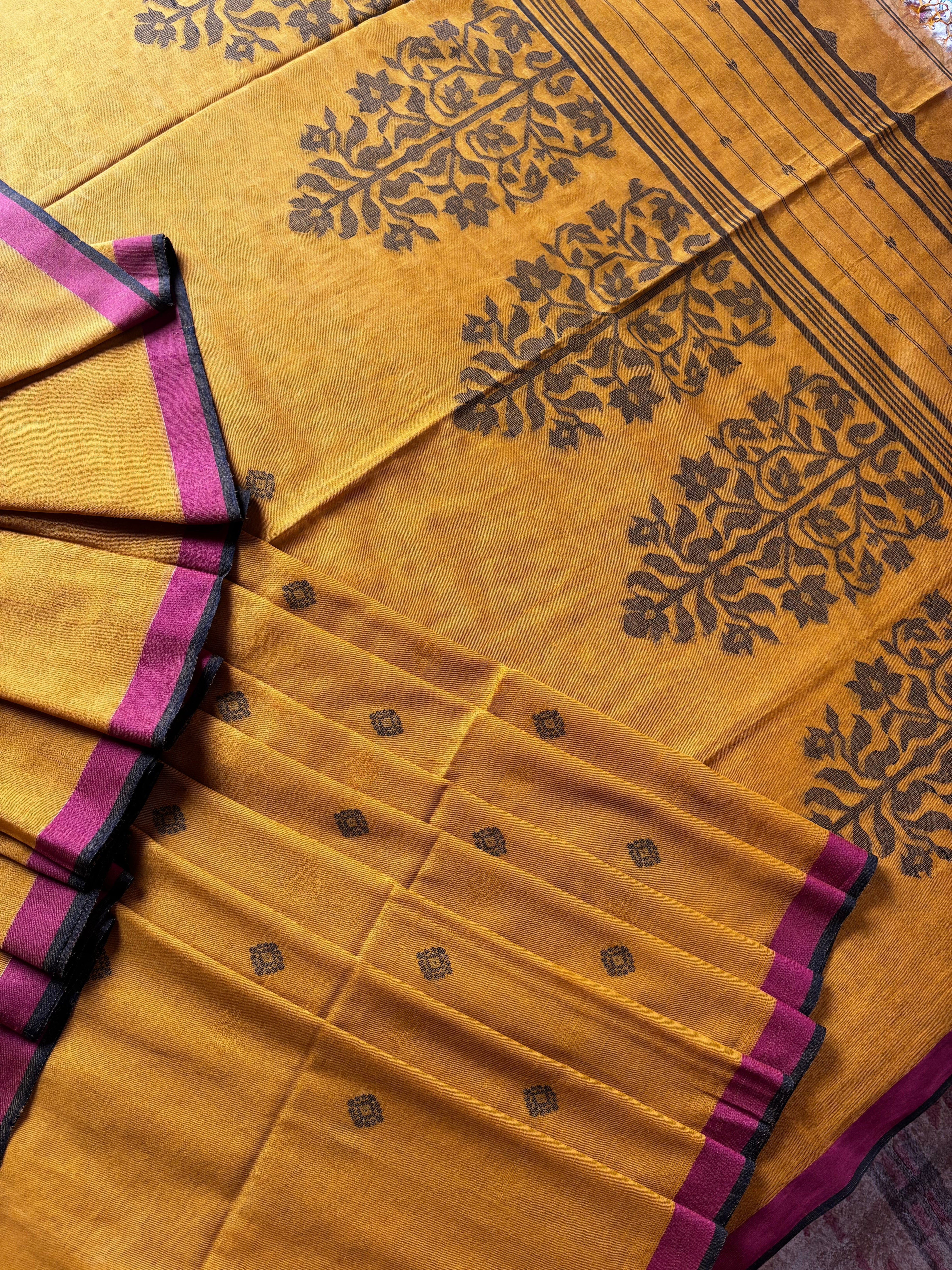 Handwoven Mustard Yellow Cotton Jamdani Saree