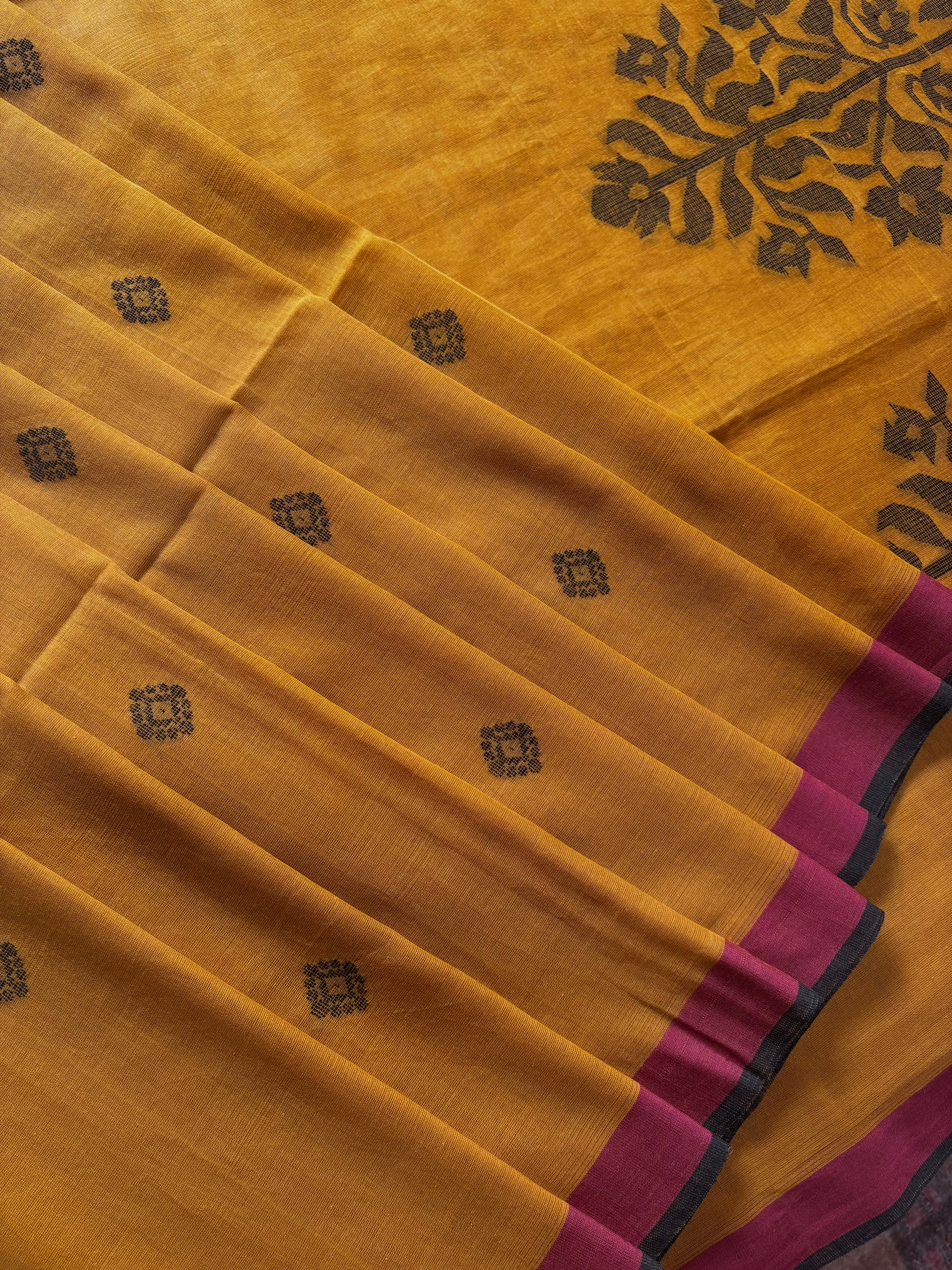Handwoven Mustard Yellow Cotton Jamdani Saree