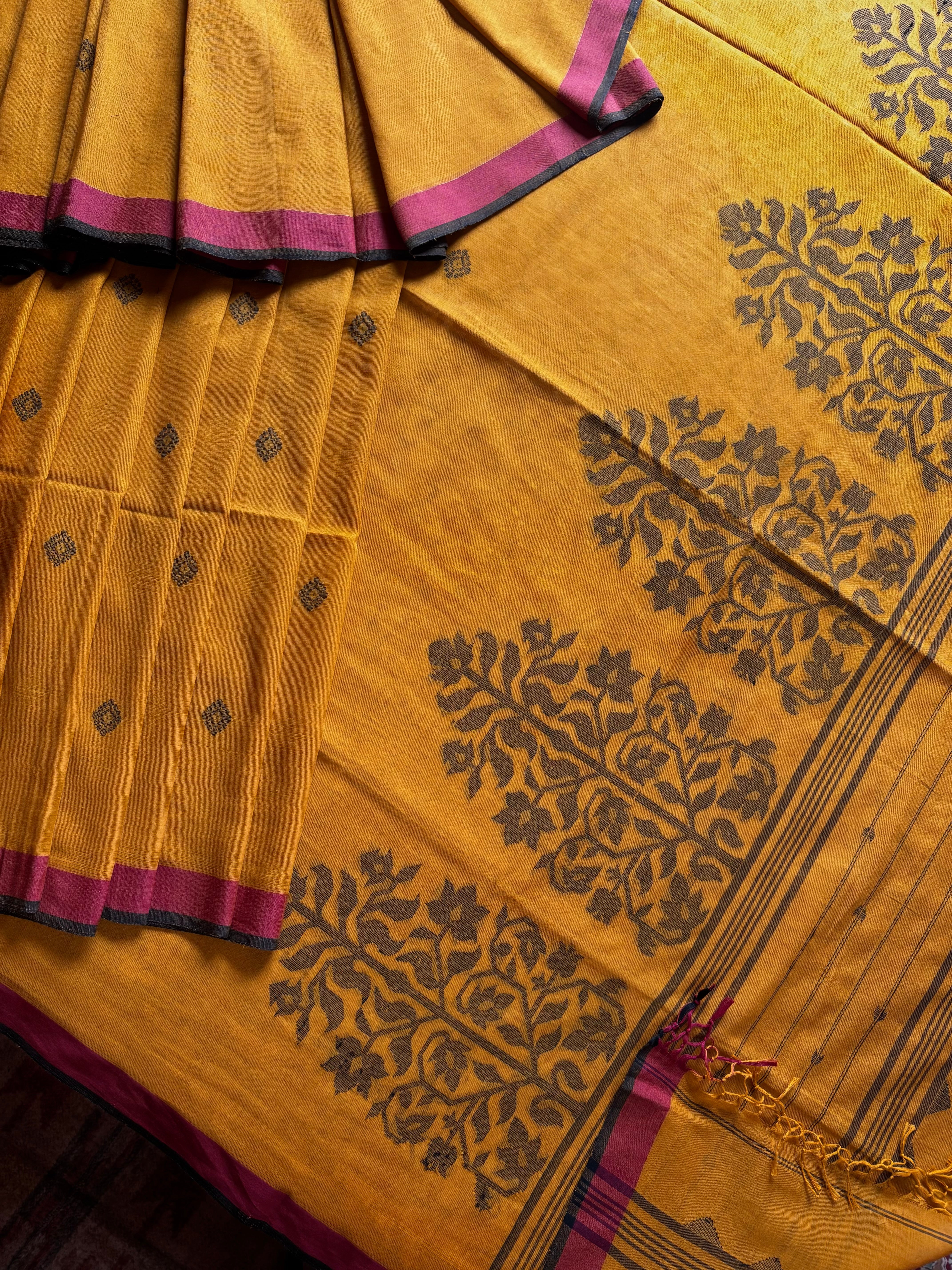 Handwoven Mustard Yellow Cotton Jamdani Saree