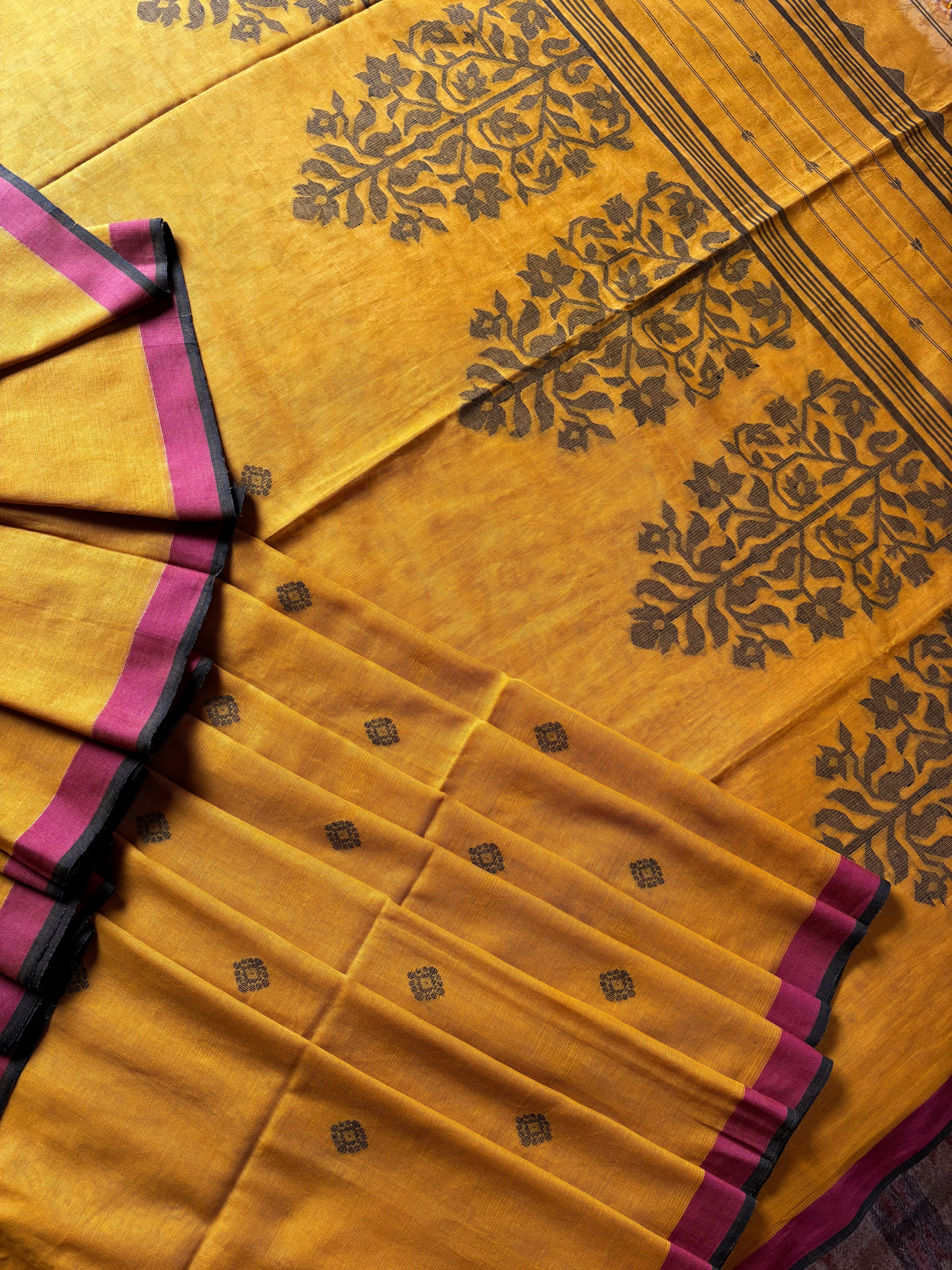 Handwoven Mustard Yellow Cotton Jamdani Saree