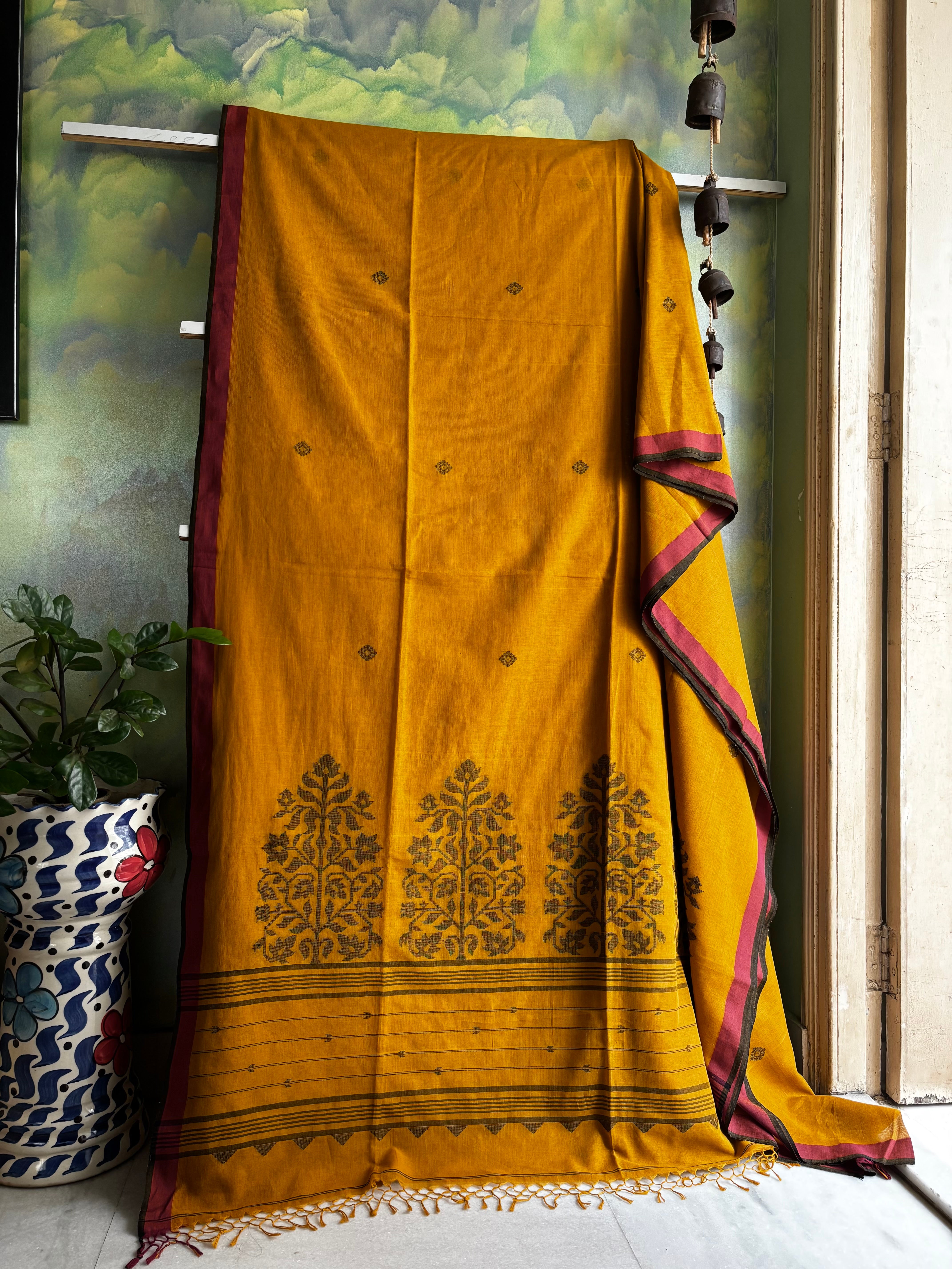Handwoven Mustard Yellow Cotton Jamdani Saree