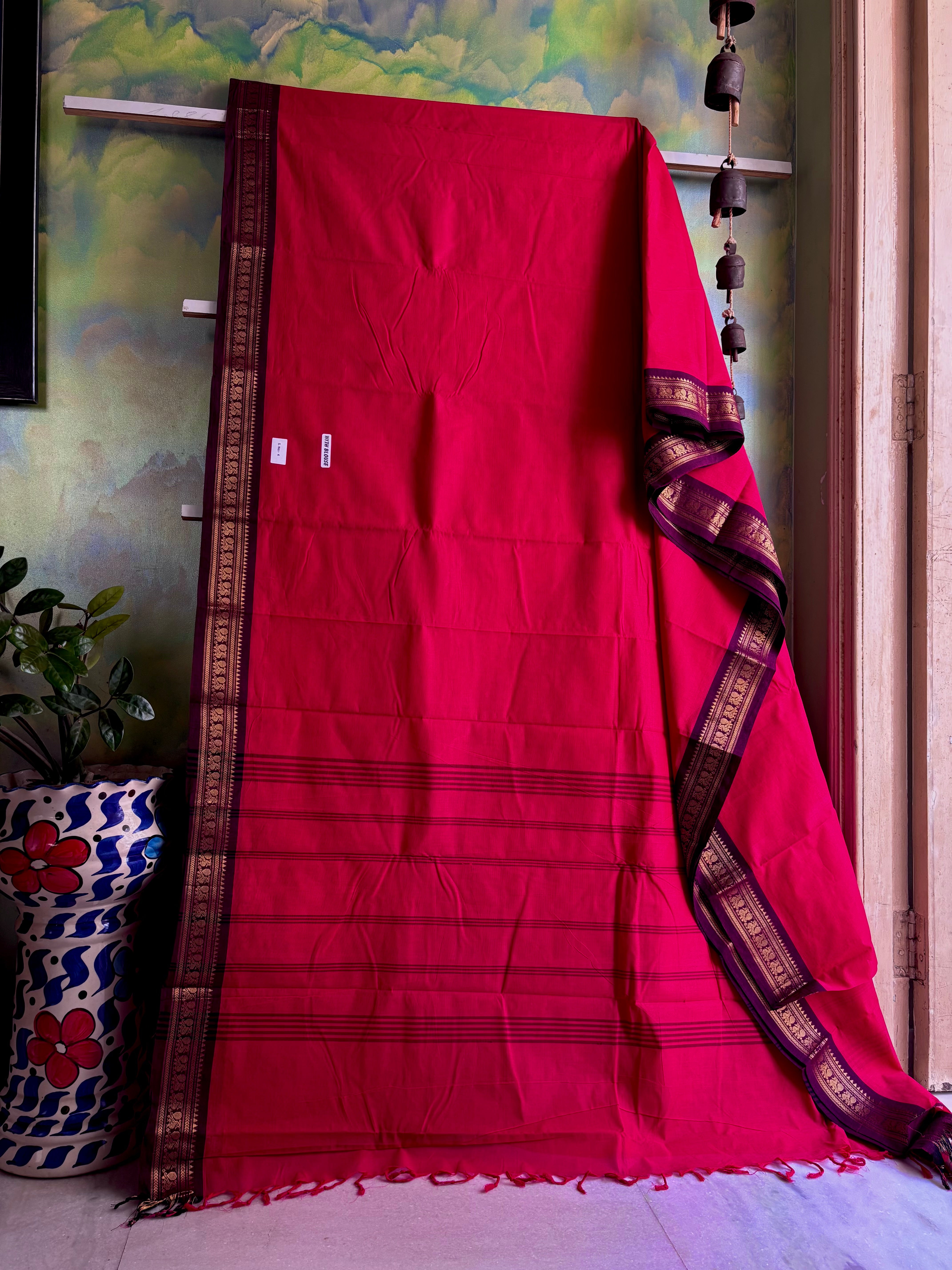 Pinkish Red Colour Kanchipuram Cotton Saree