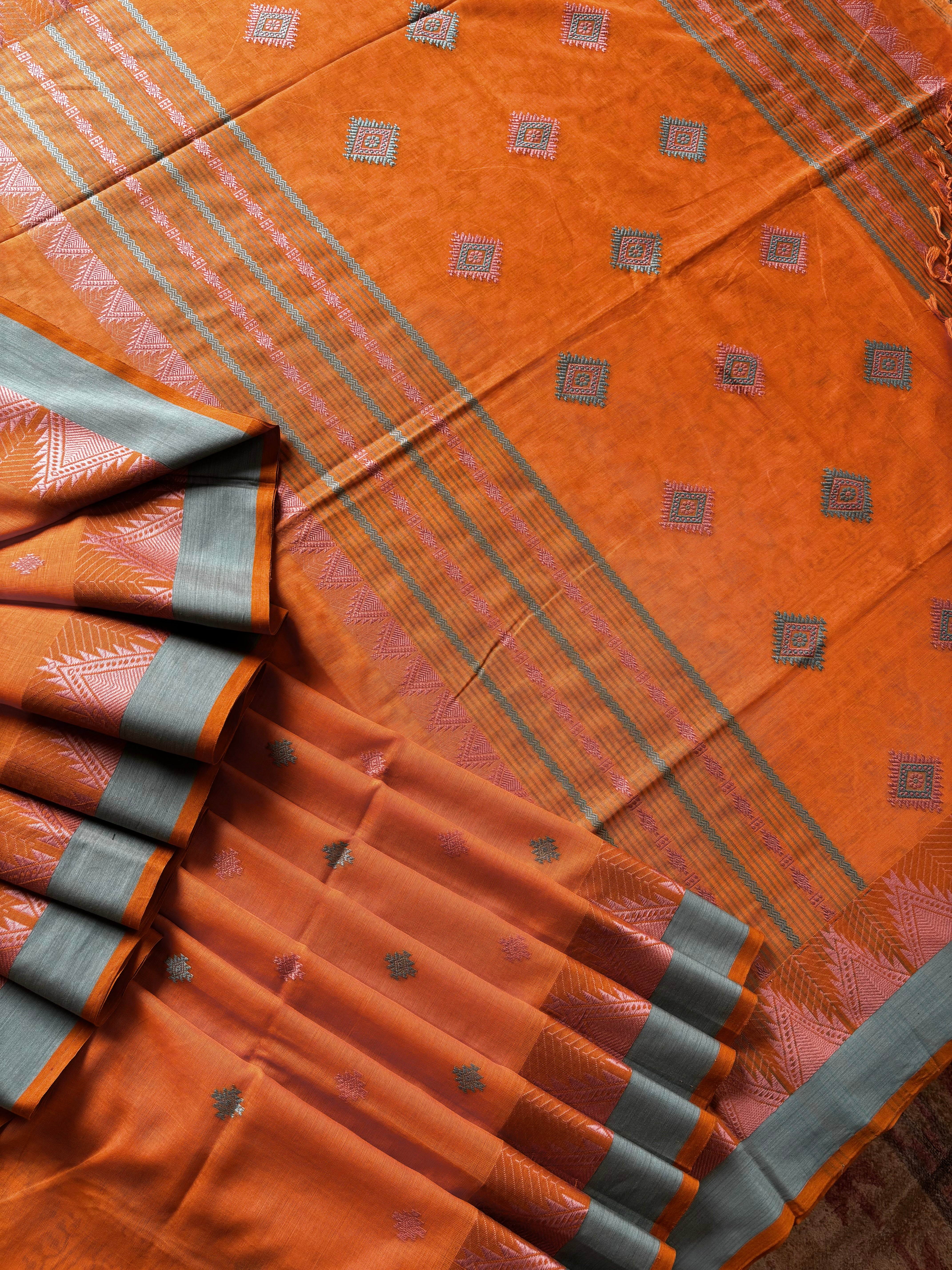 Handwoven Light Orange Colour Phulia Cotton Saree