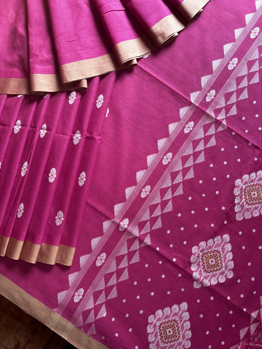 Handwoven Pink with Beige Cotton Jamdani Saree