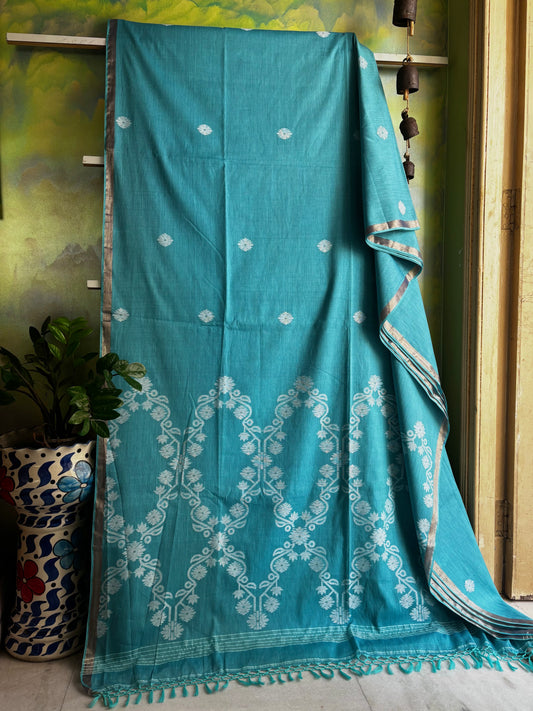 Handwoven Light Blue Pure Cotton Jamdani Saree