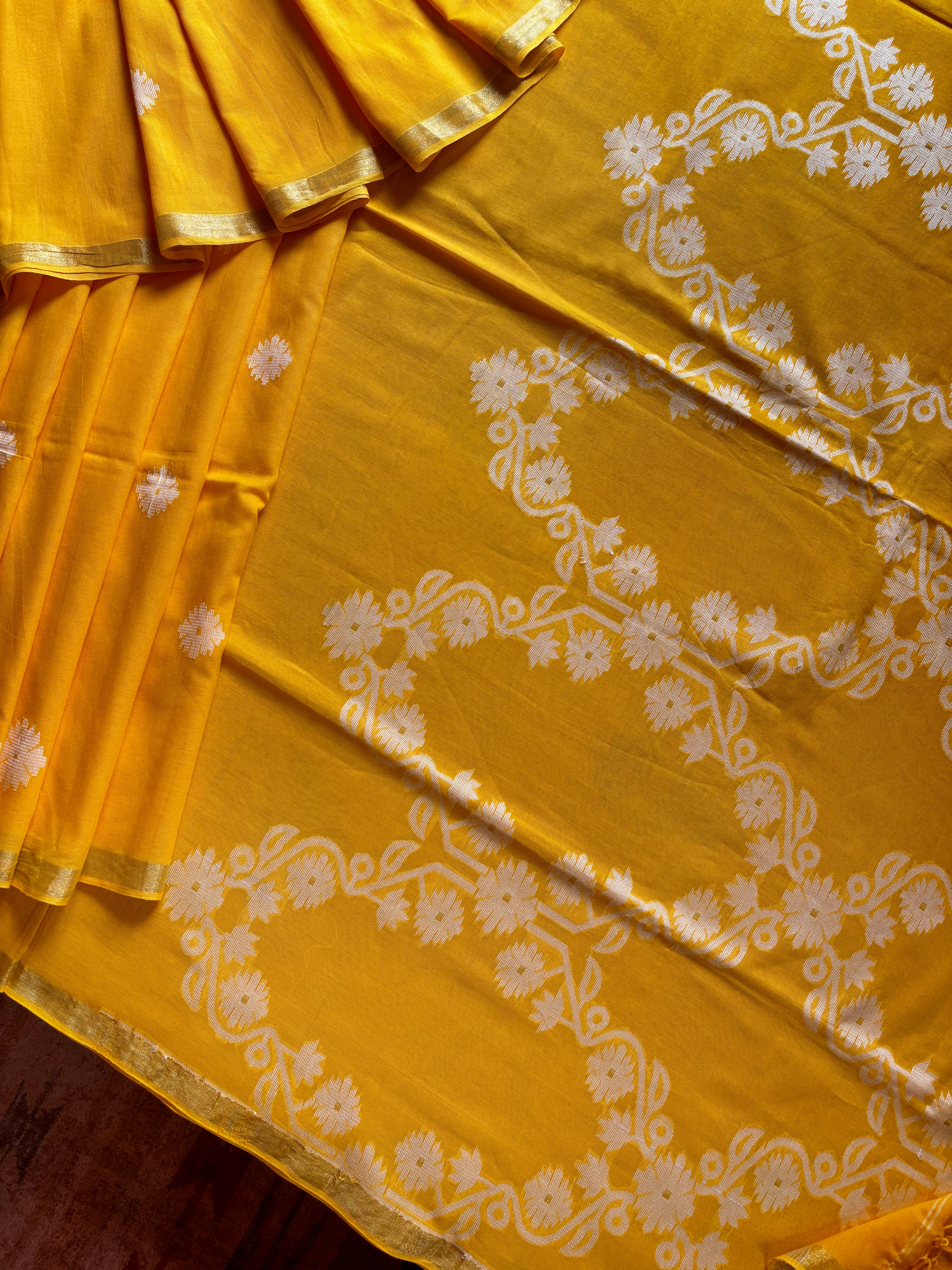 Handwoven Yellow Colour Pure Cotton Jamdani Saree