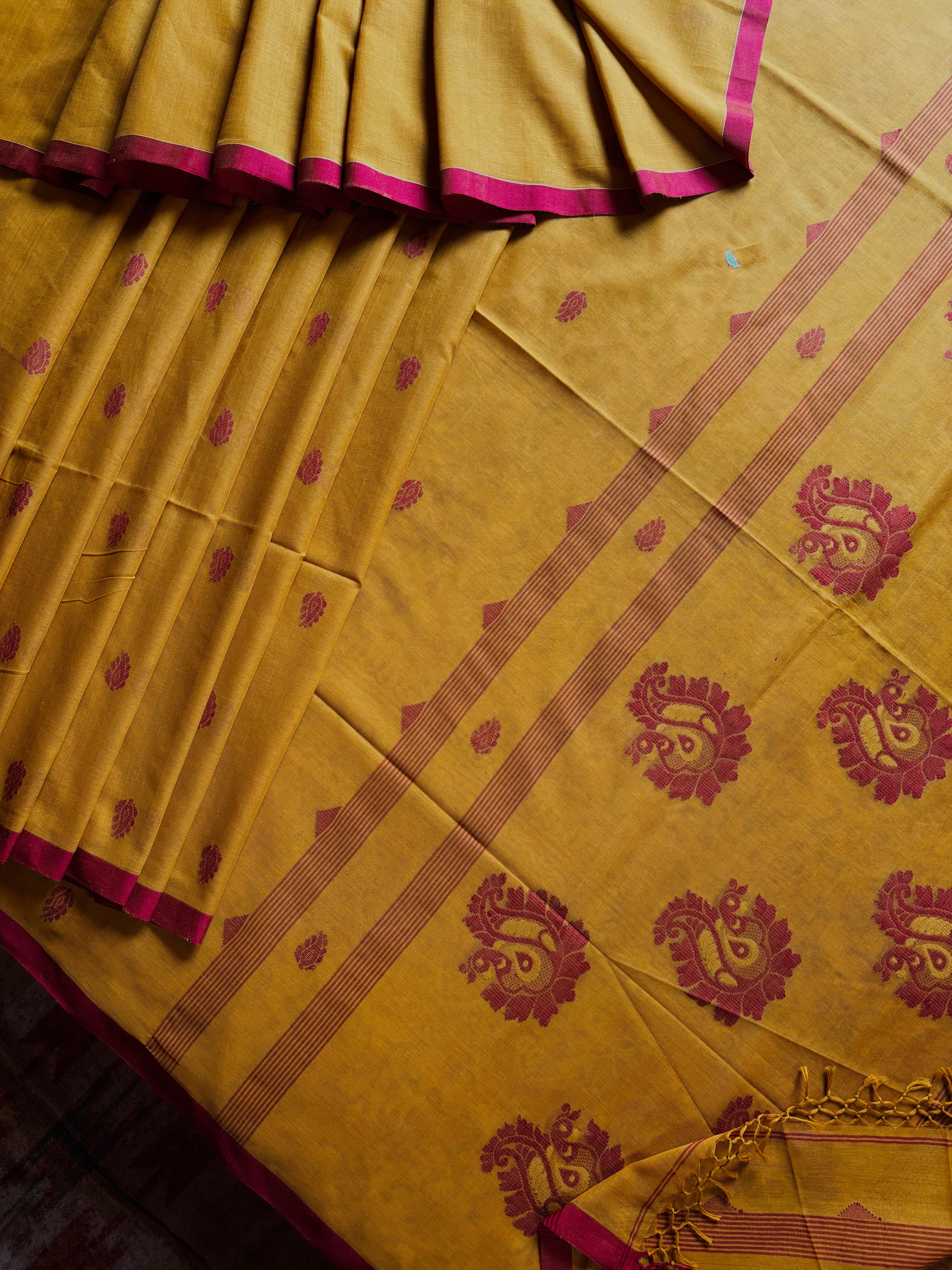 Handwoven Mustard Colour Cotton Jamdani Saree