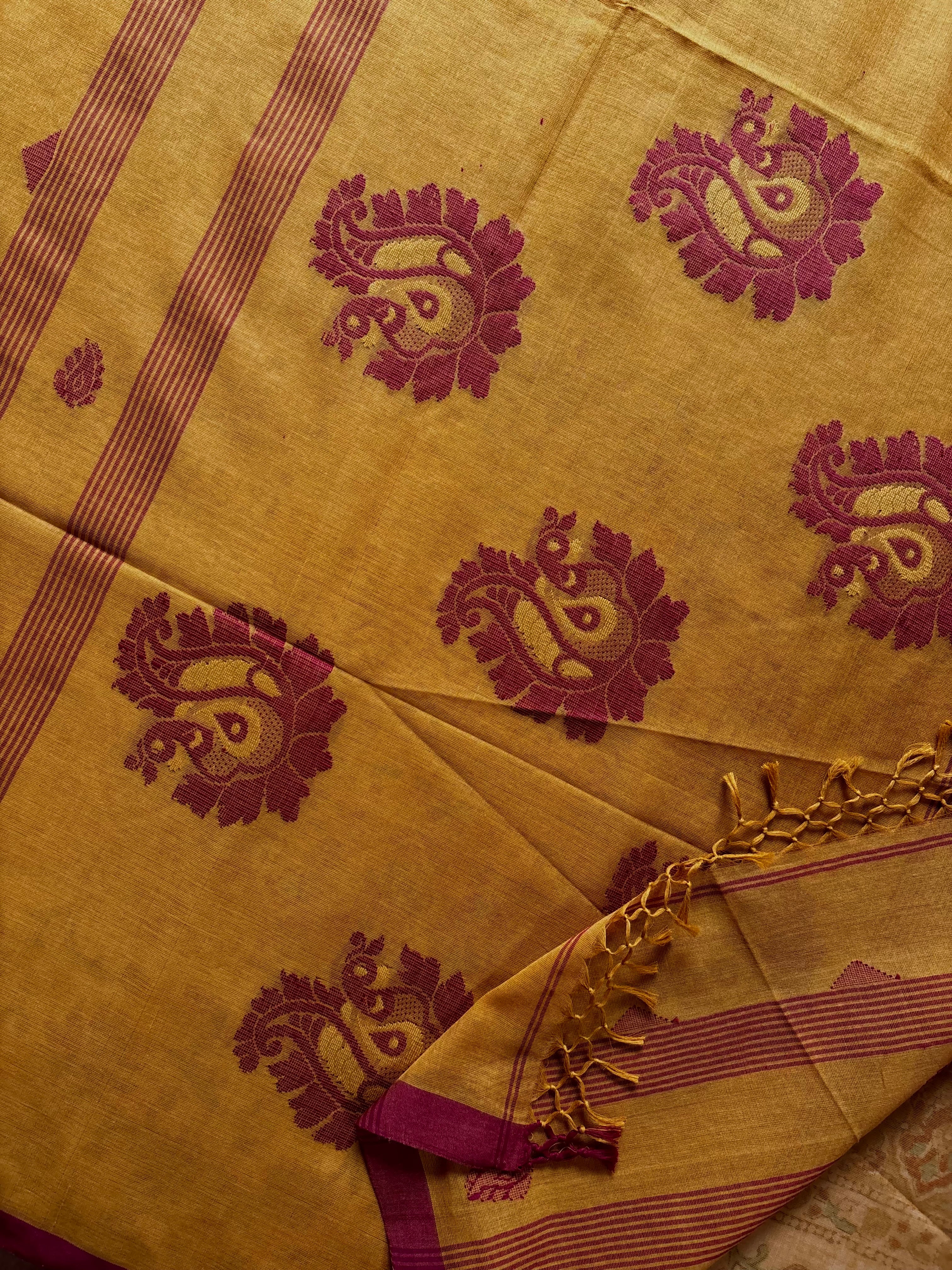 Handwoven Mustard Colour Cotton Jamdani Saree