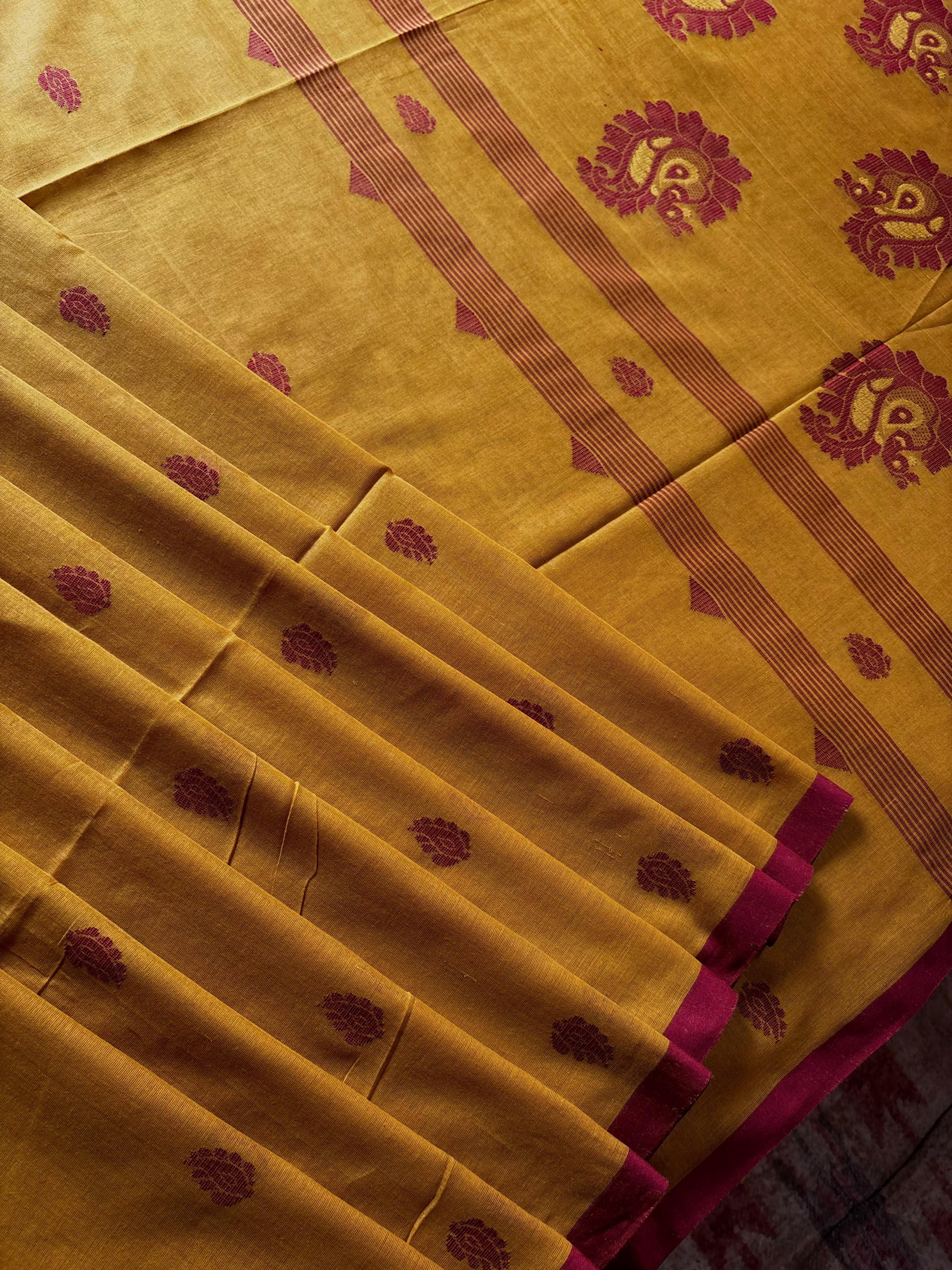 Handwoven Mustard Colour Cotton Jamdani Saree