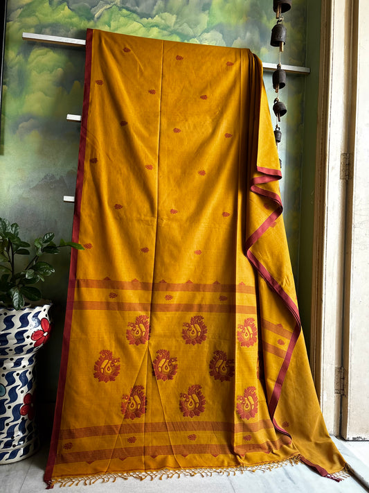Handwoven Mustard Colour Cotton Jamdani Saree