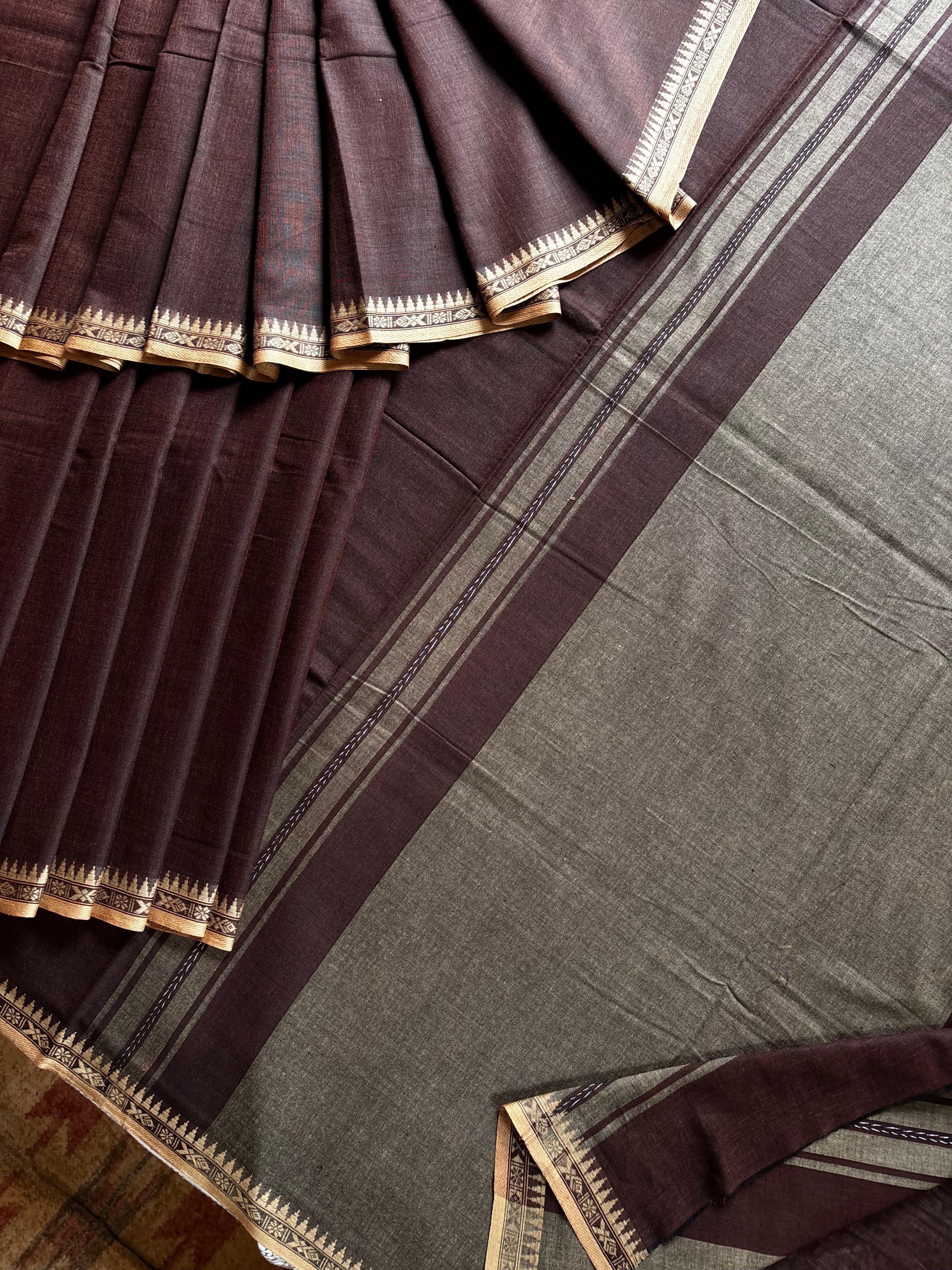 Handwoven Dark Brown Colour Cotton Dhonekhali Saree
