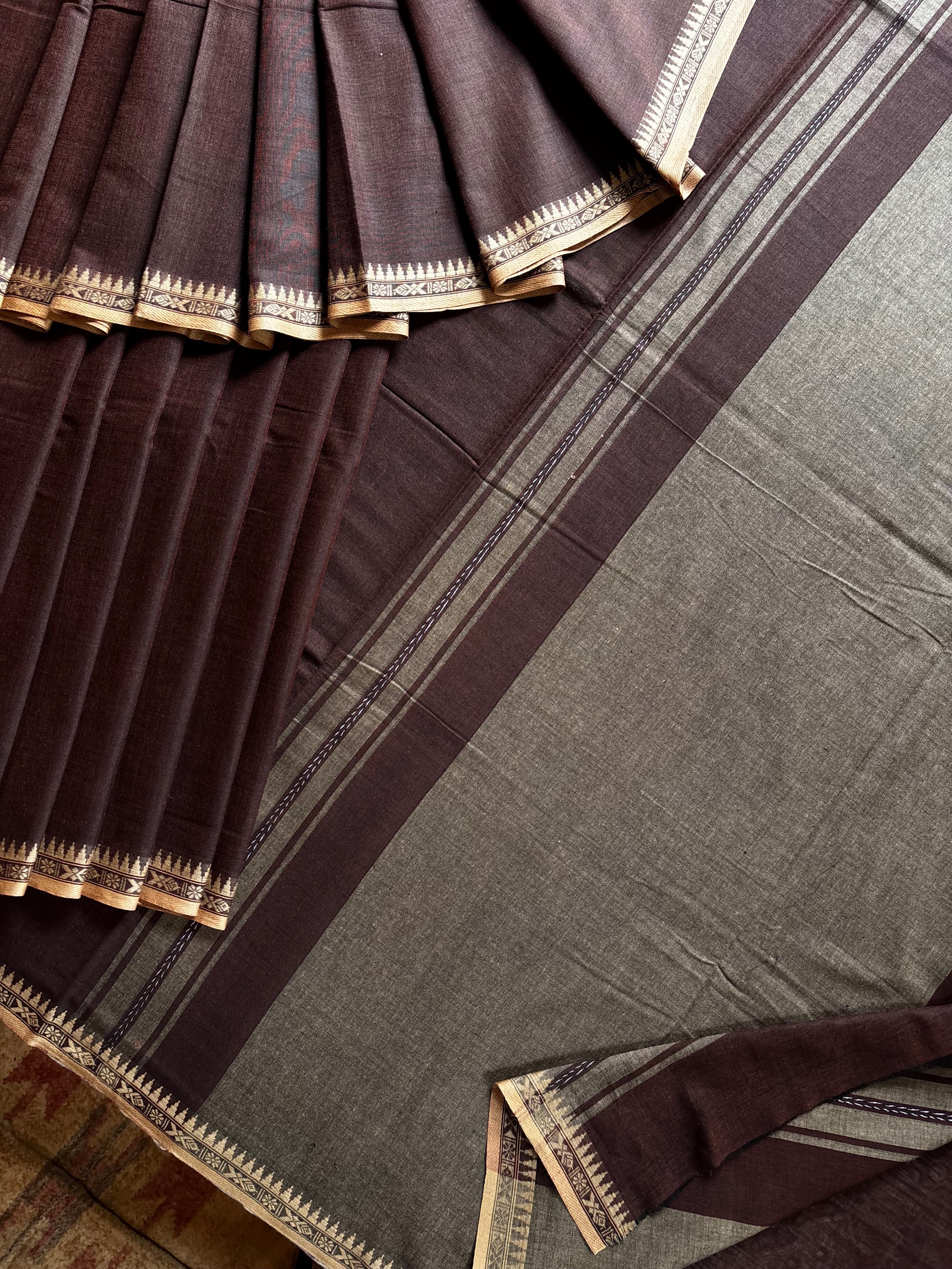 Handwoven Dark Brown Colour Cotton Dhonekhali Saree
