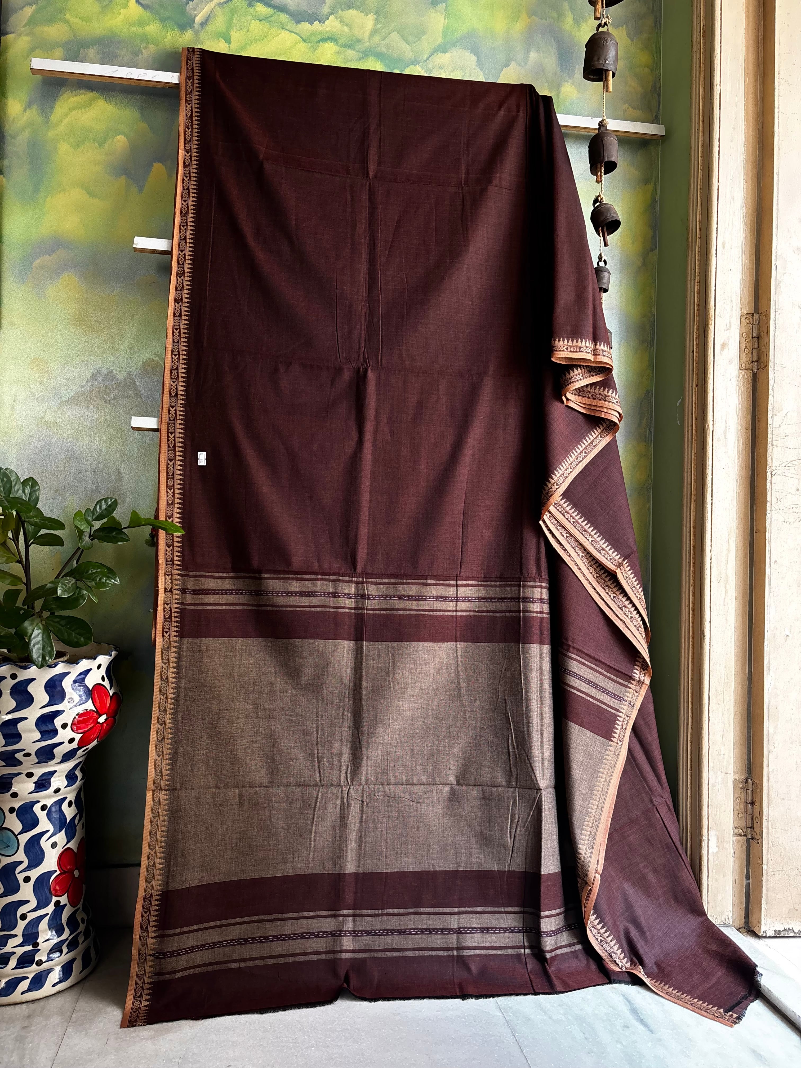 Handwoven Dark Brown Colour Cotton Dhonekhali Saree