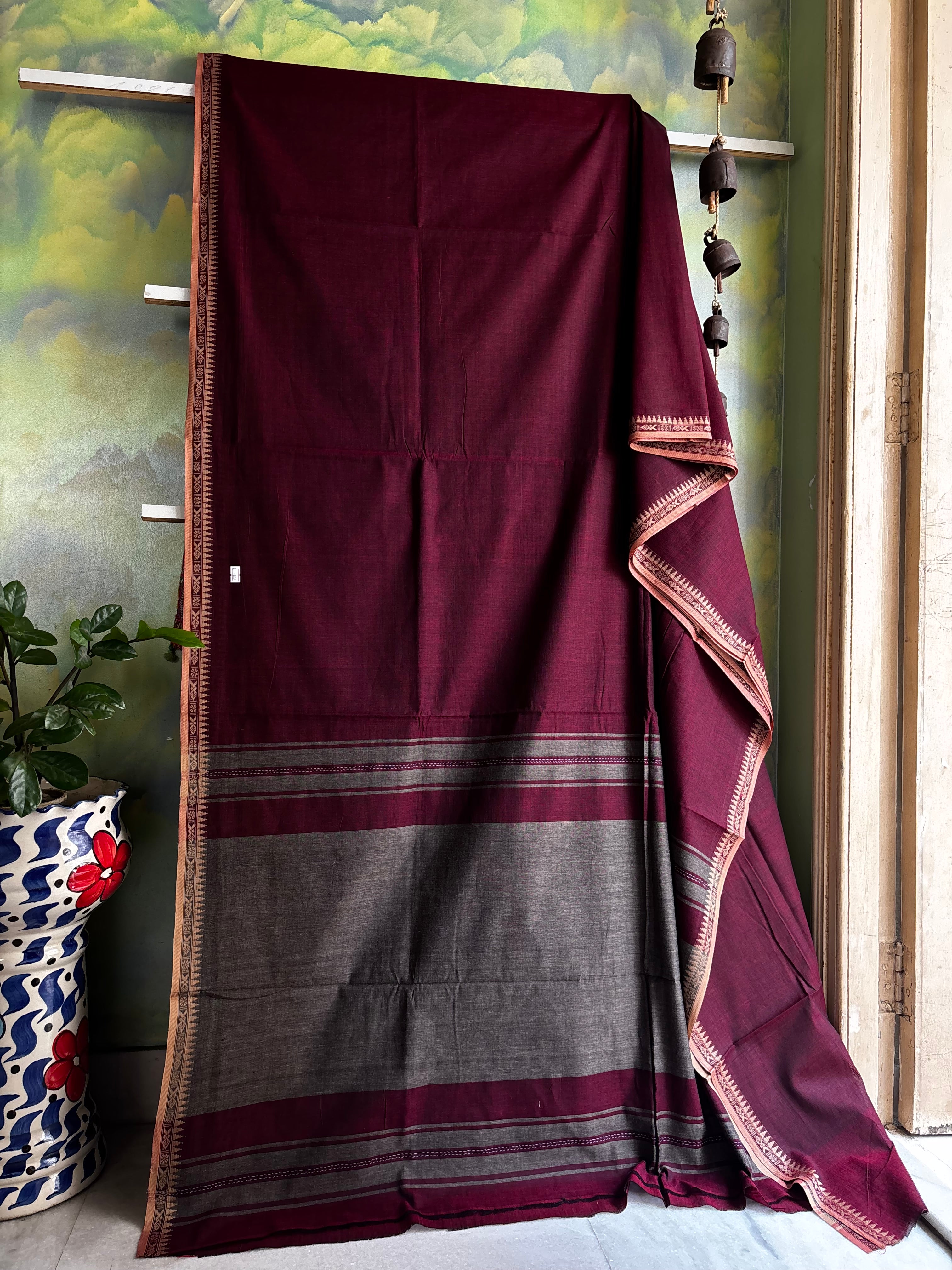 Handwoven Maroon Colour Cotton Dhonekhali Saree
