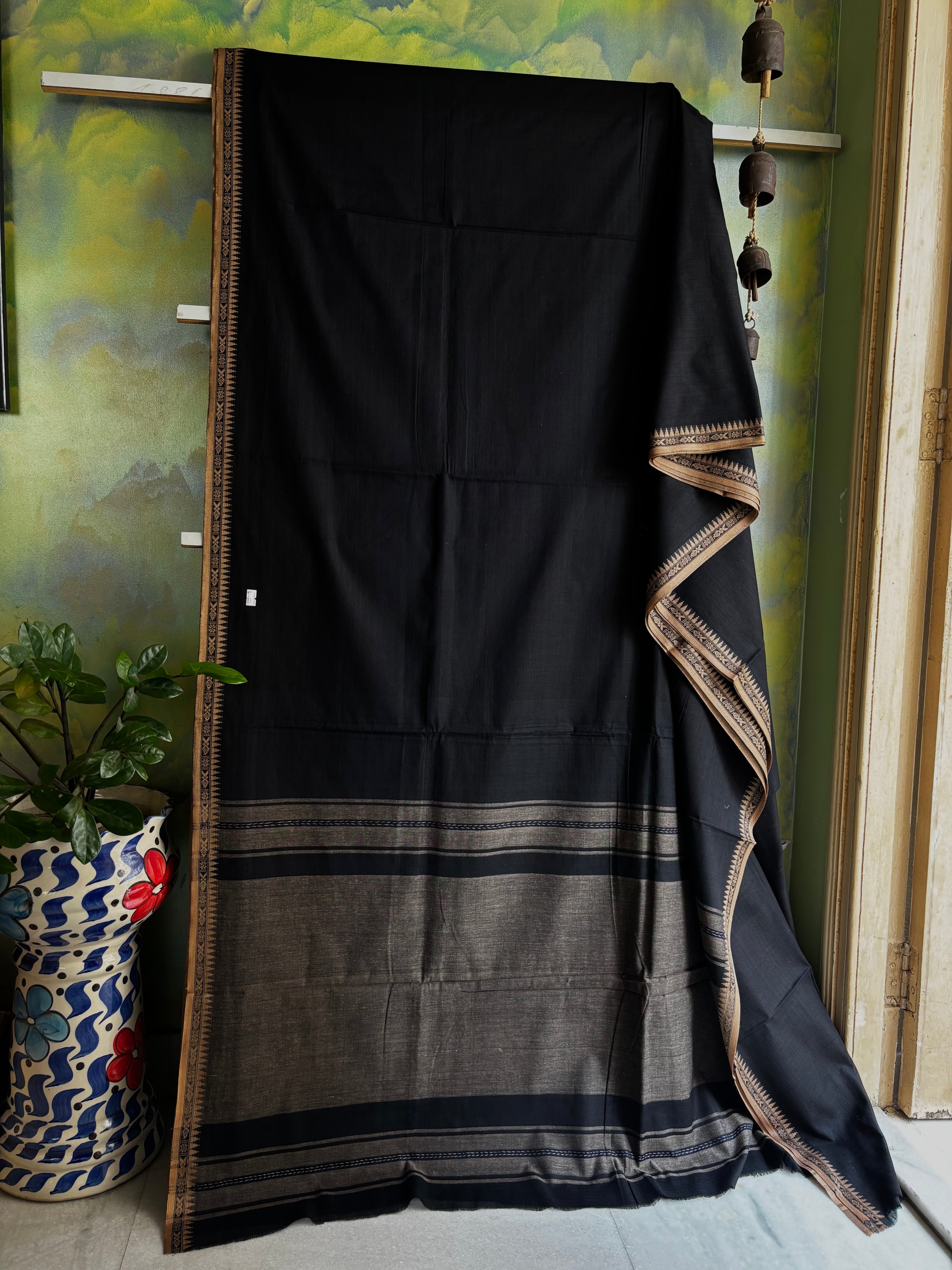 Handwoven Black Colour Cotton Dhonekhali Saree