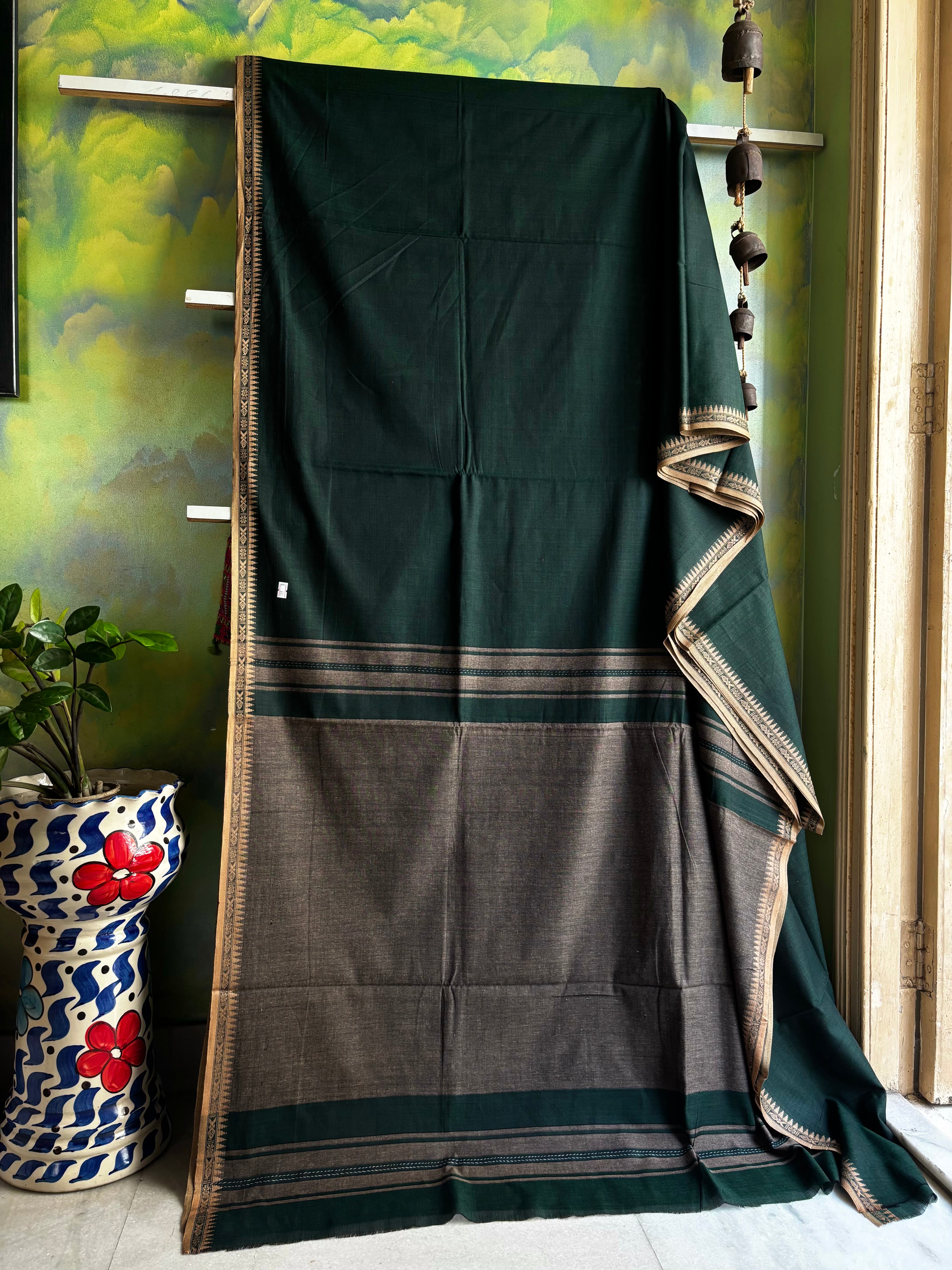 Handwoven Bottle Green Colour Cotton Dhonekhali Saree