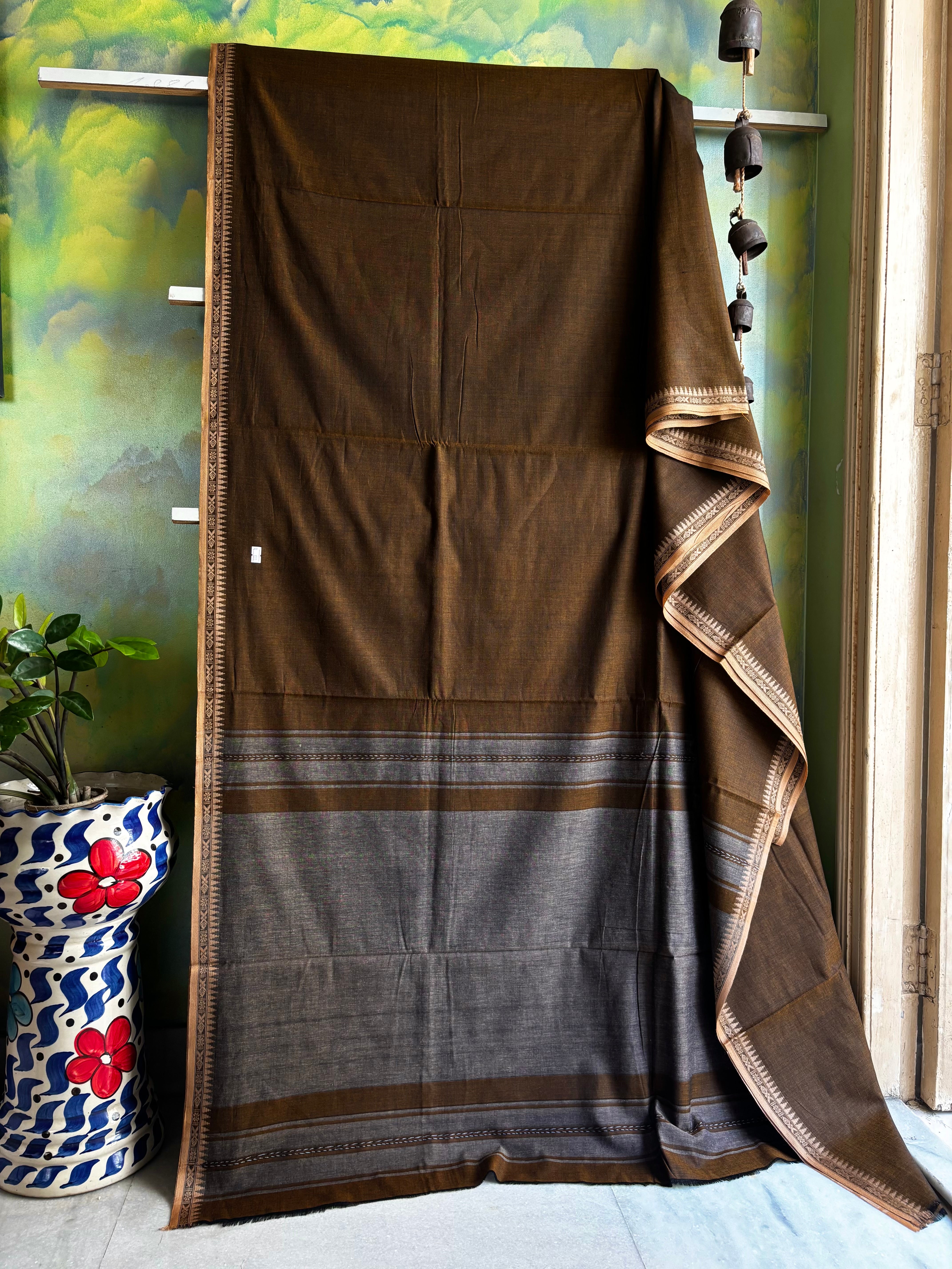 Handwoven Khaki Colour Cotton Dhonekhali Saree