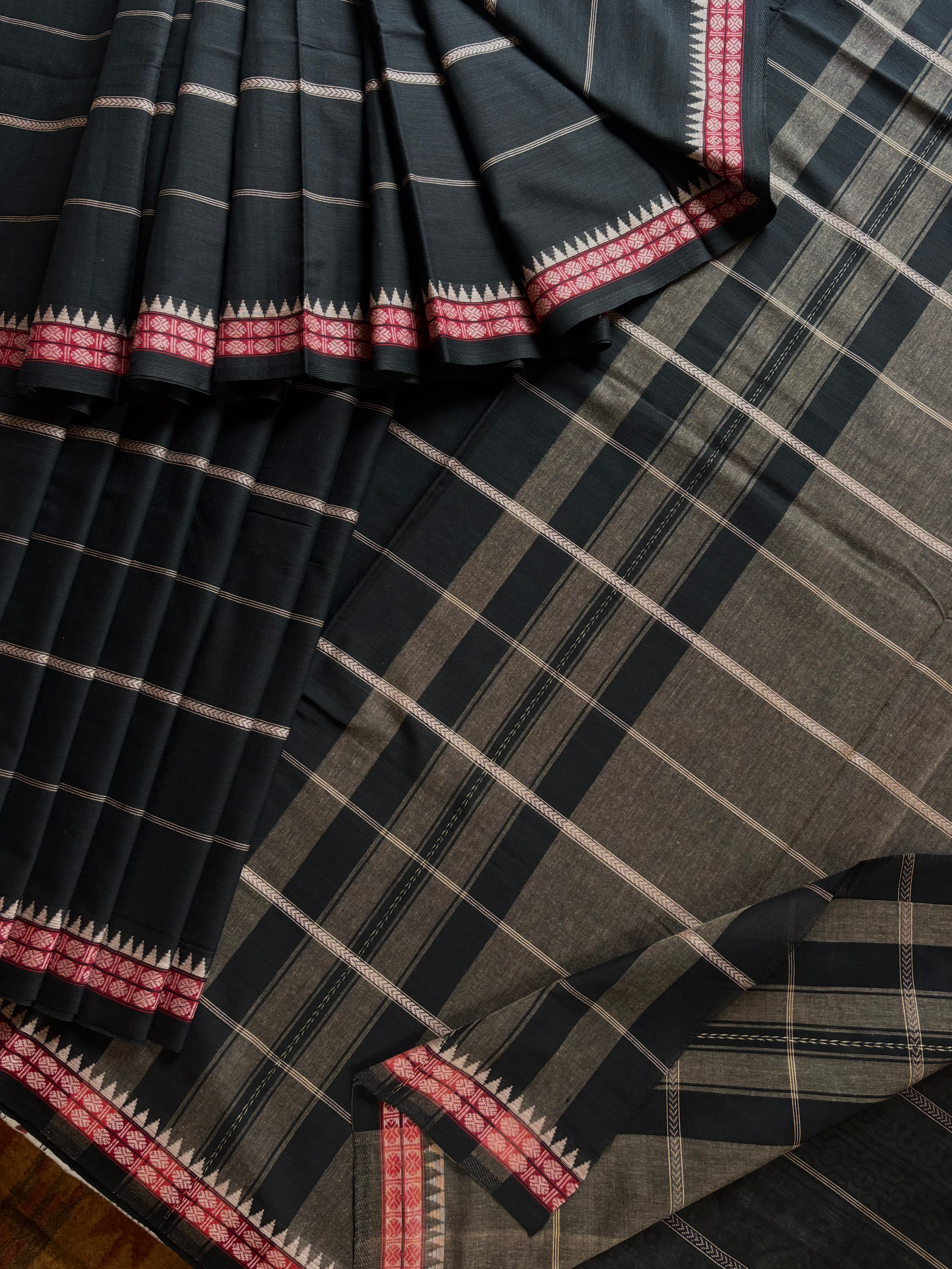 Handwoven Black Colour Cotton Dhonekhali Saree