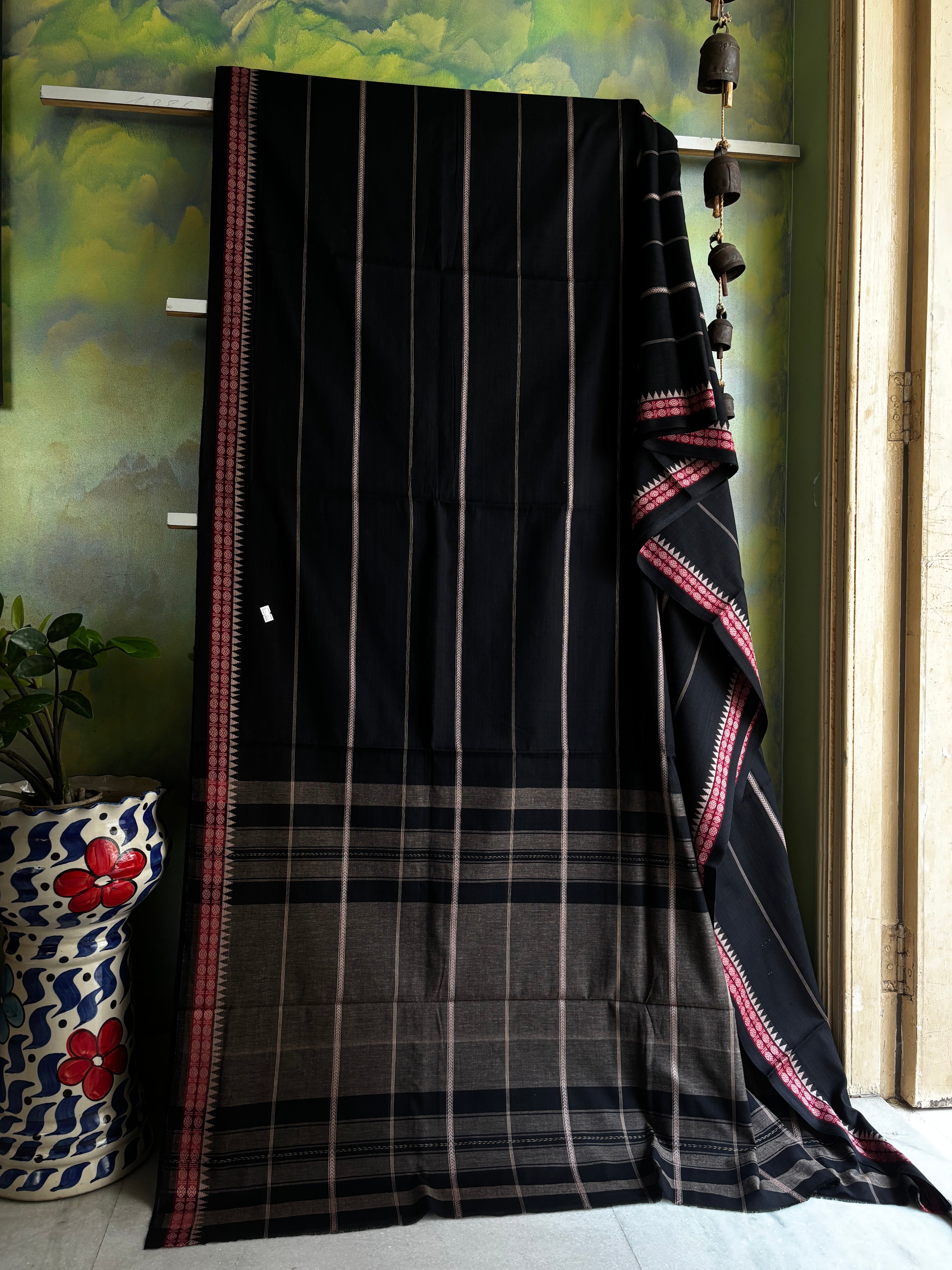 Handwoven Black Colour Cotton Dhonekhali Saree