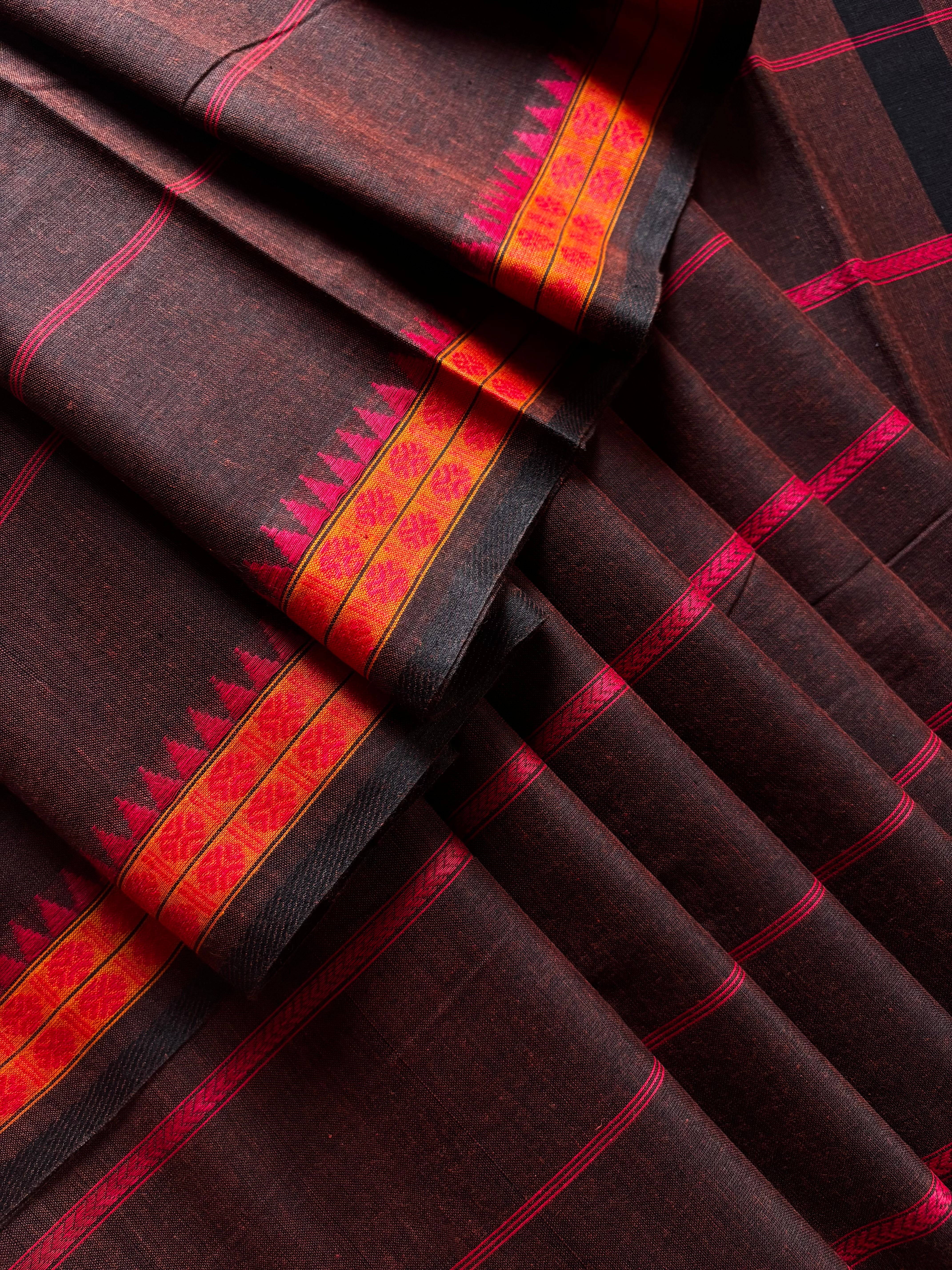Handwoven Brown Colour Cotton Dhonekhali Saree