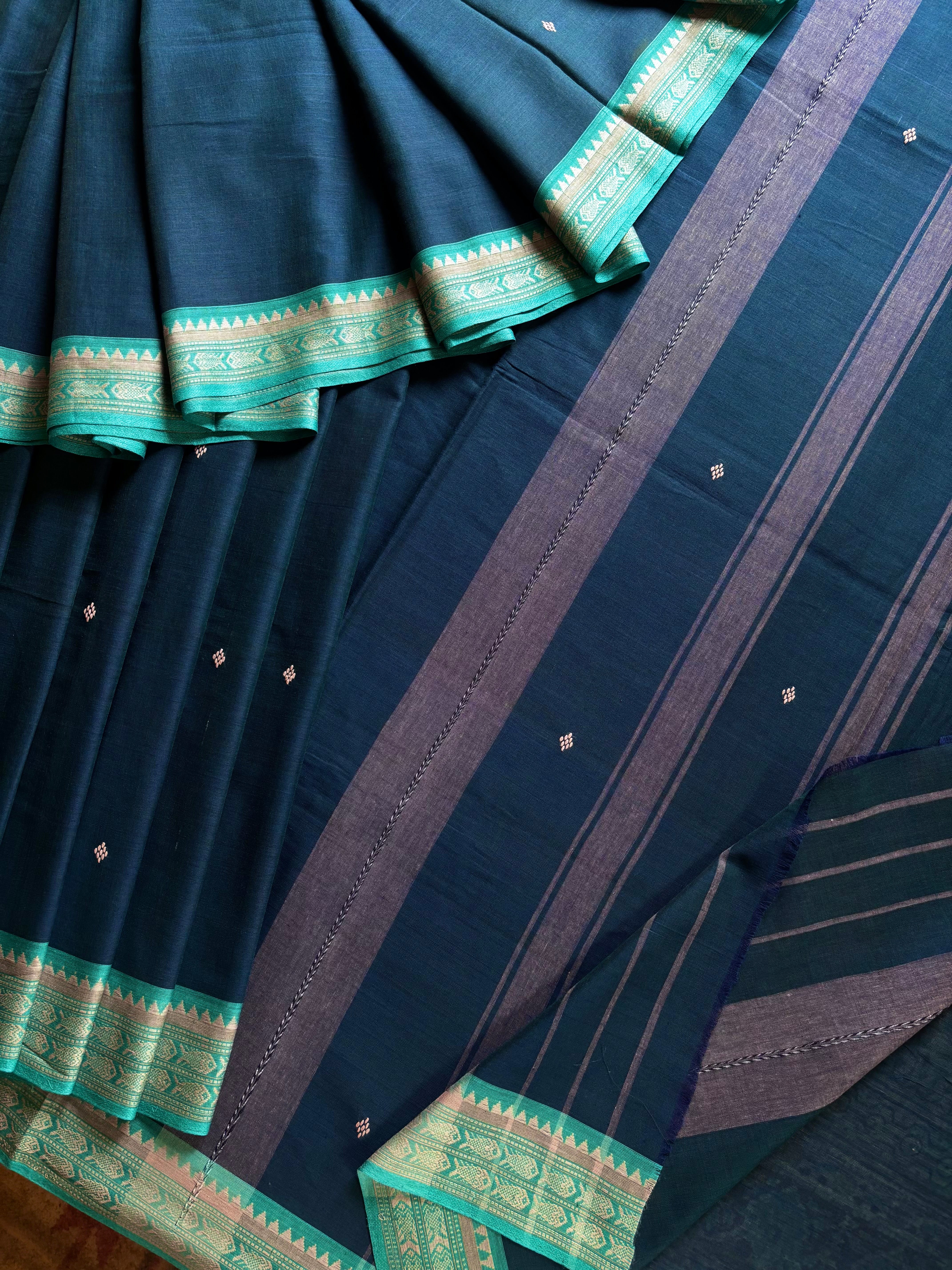 Handwoven Peacock Blue Colour Cotton Dhonekhali Saree
