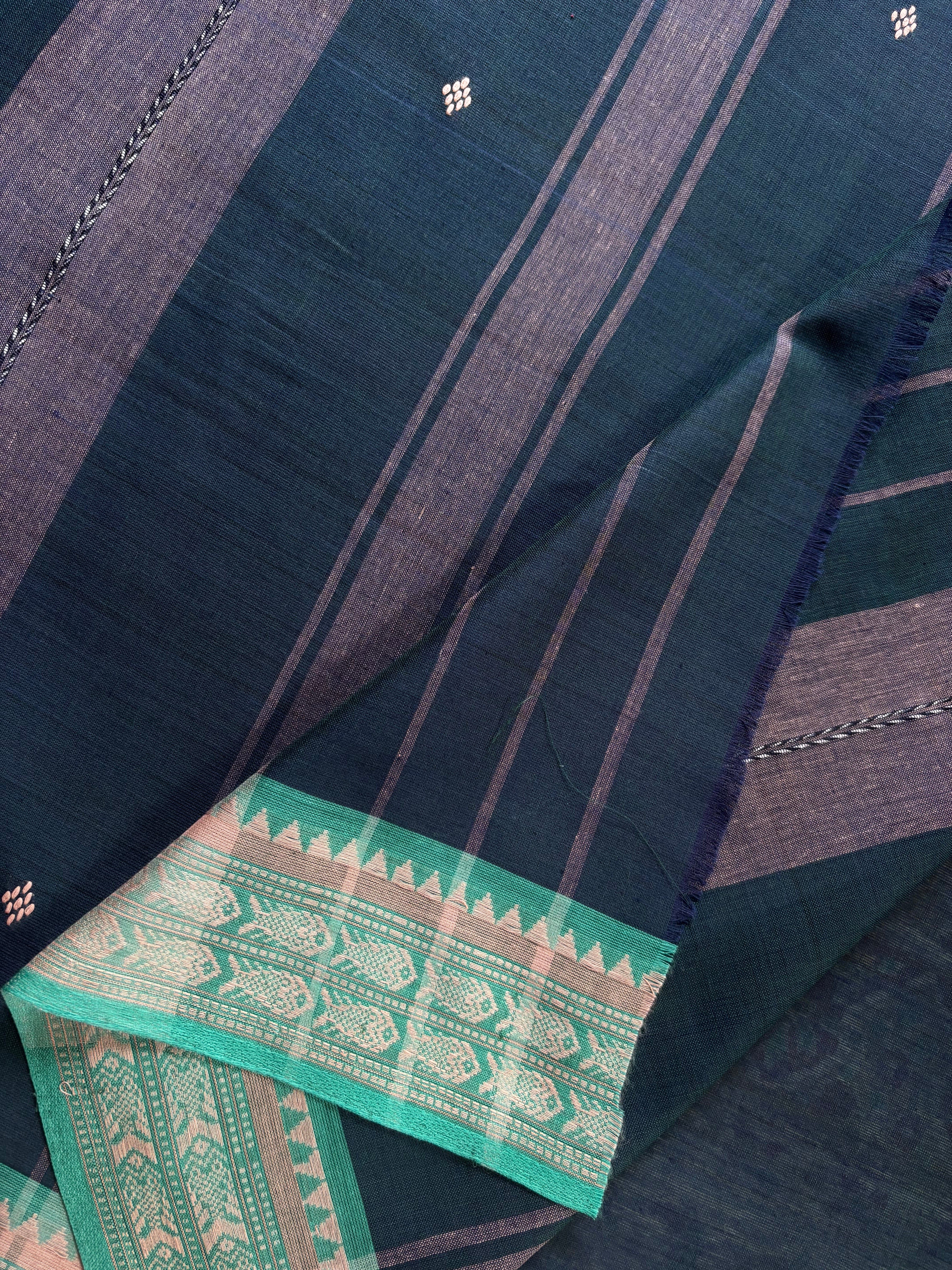 Handwoven Peacock Blue Colour Cotton Dhonekhali Saree