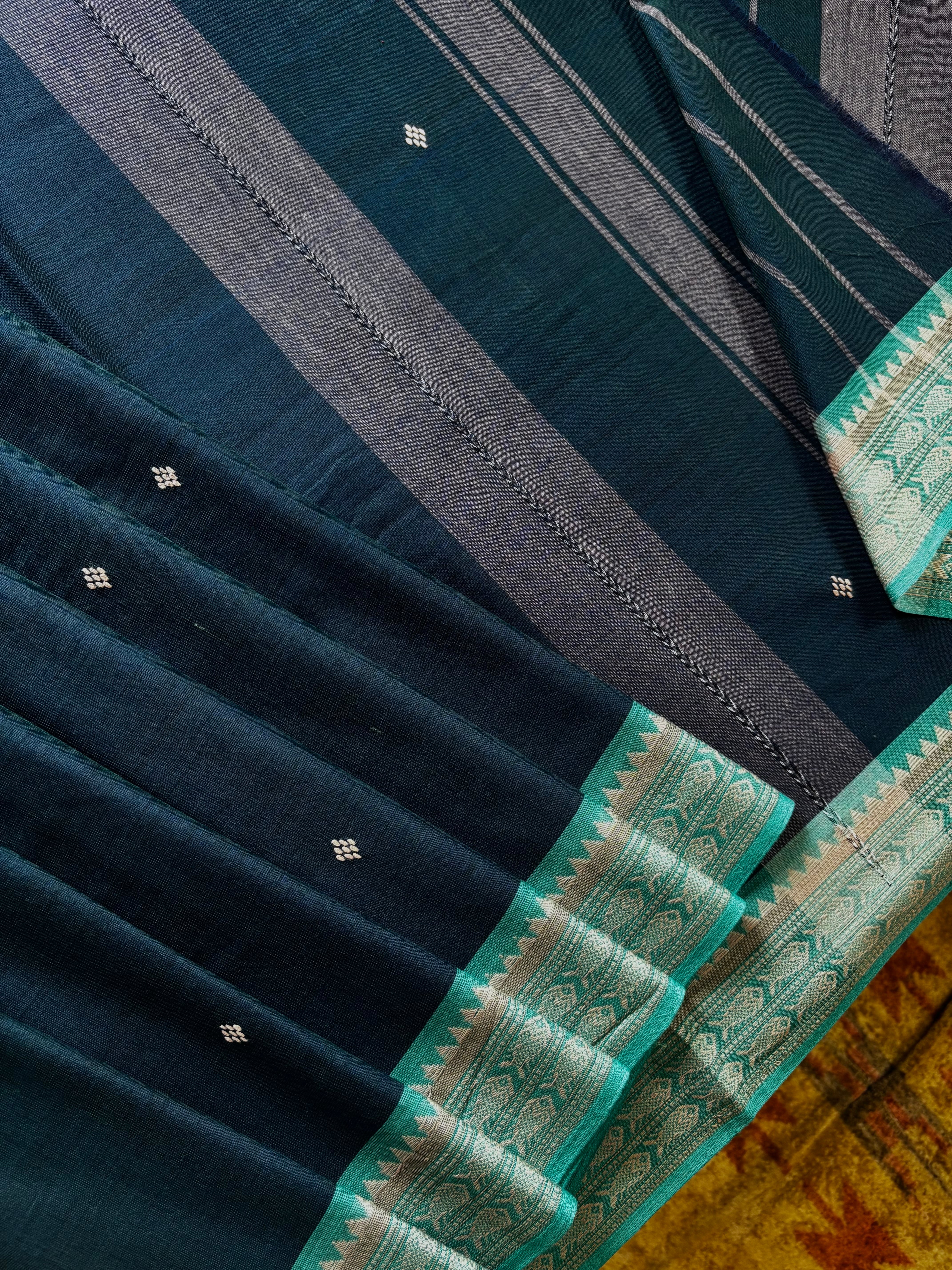 Handwoven Peacock Blue Colour Cotton Dhonekhali Saree