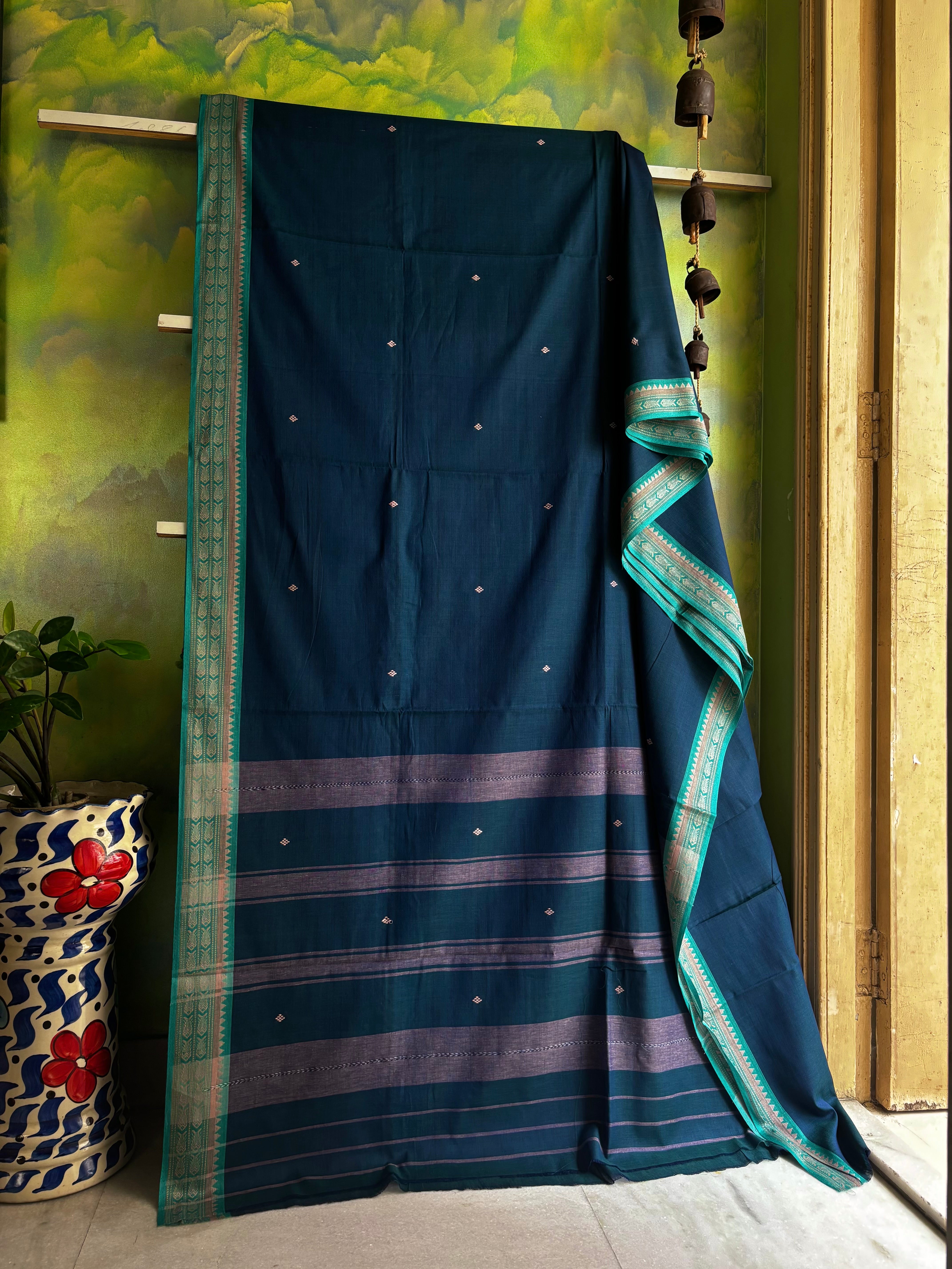 Handwoven Peacock Blue Colour Cotton Dhonekhali Saree