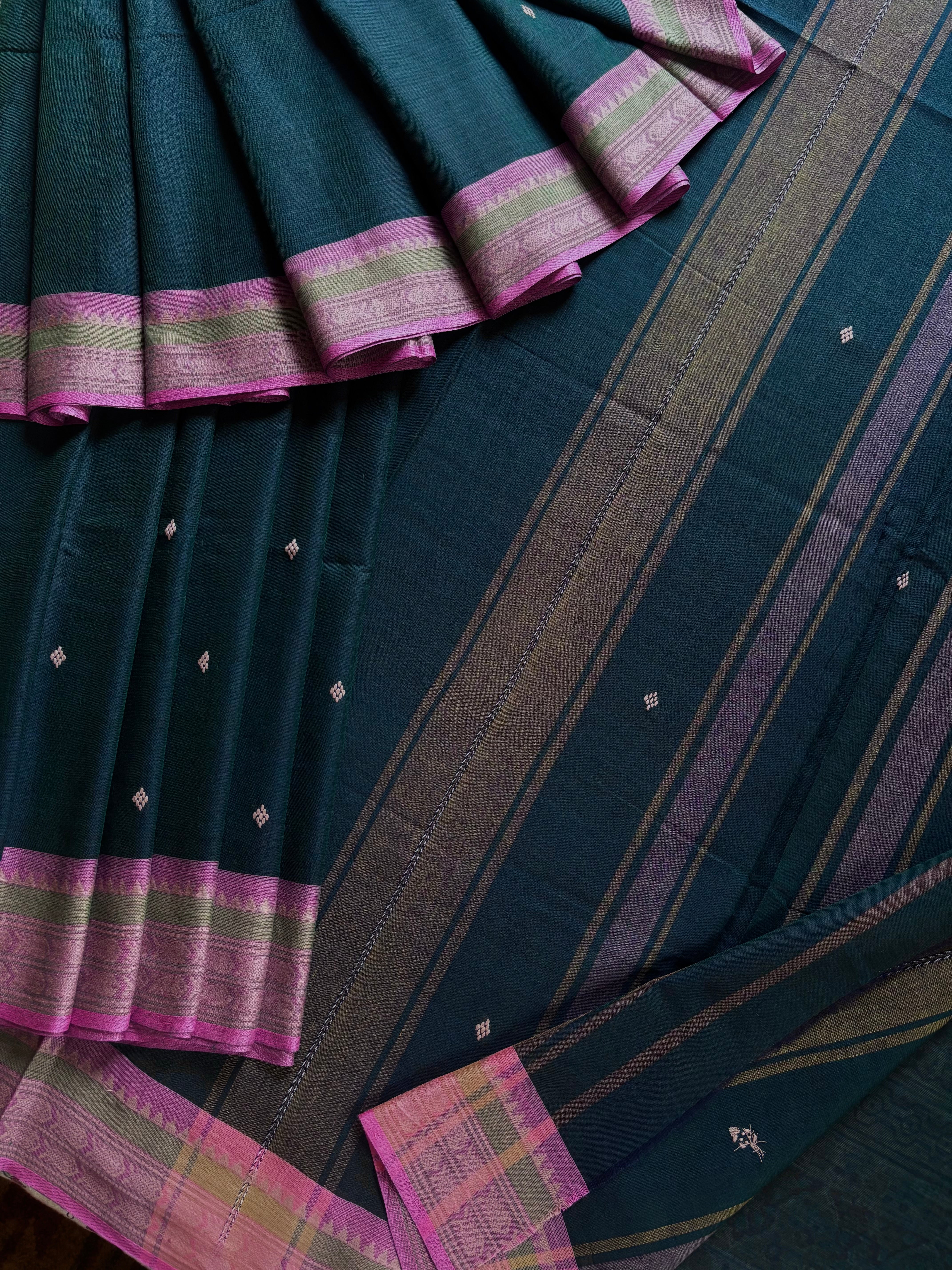 Handwoven Peacock Blue Colour Cotton Dhonekhali Saree