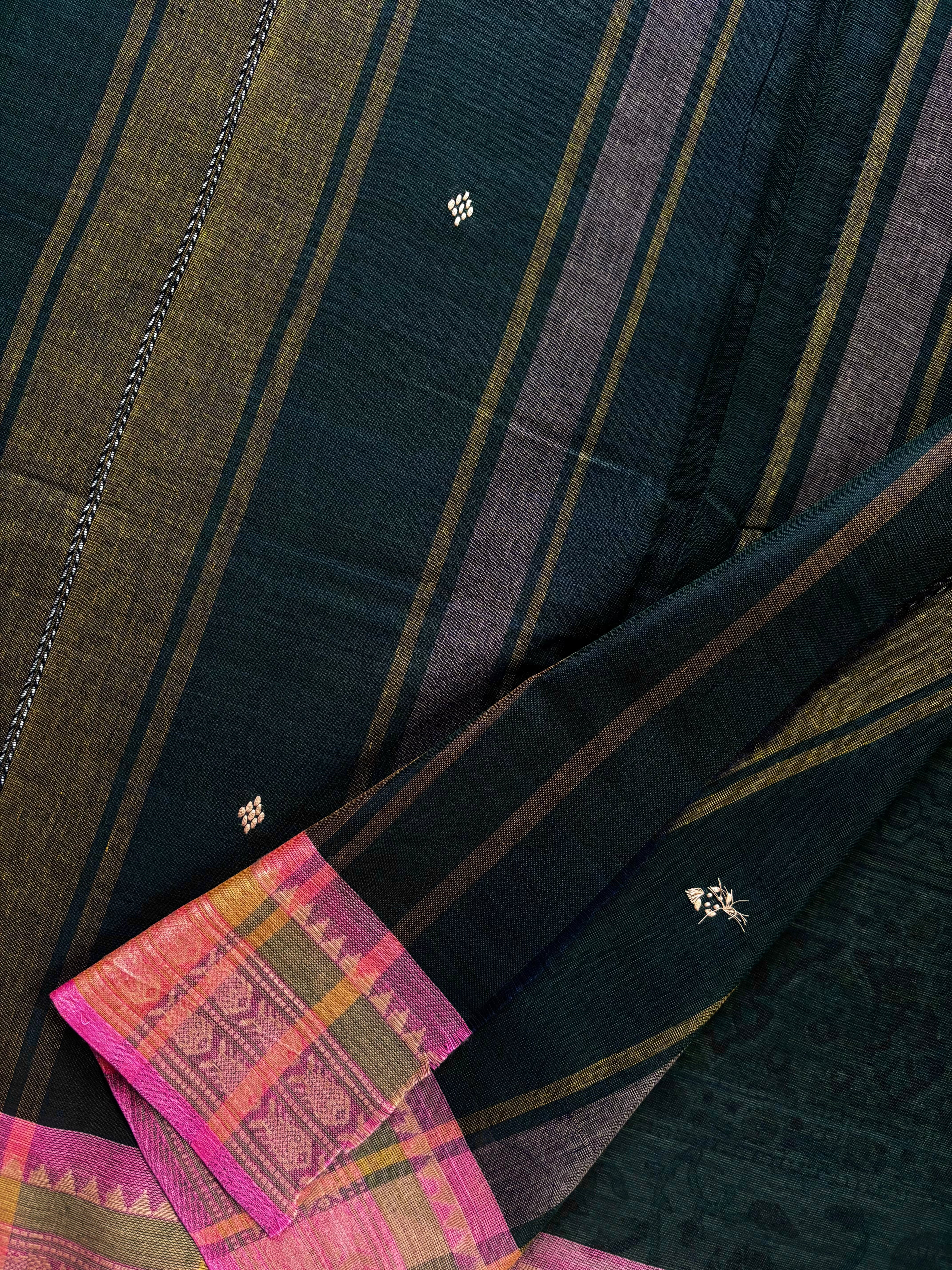 Handwoven Peacock Blue Colour Cotton Dhonekhali Saree