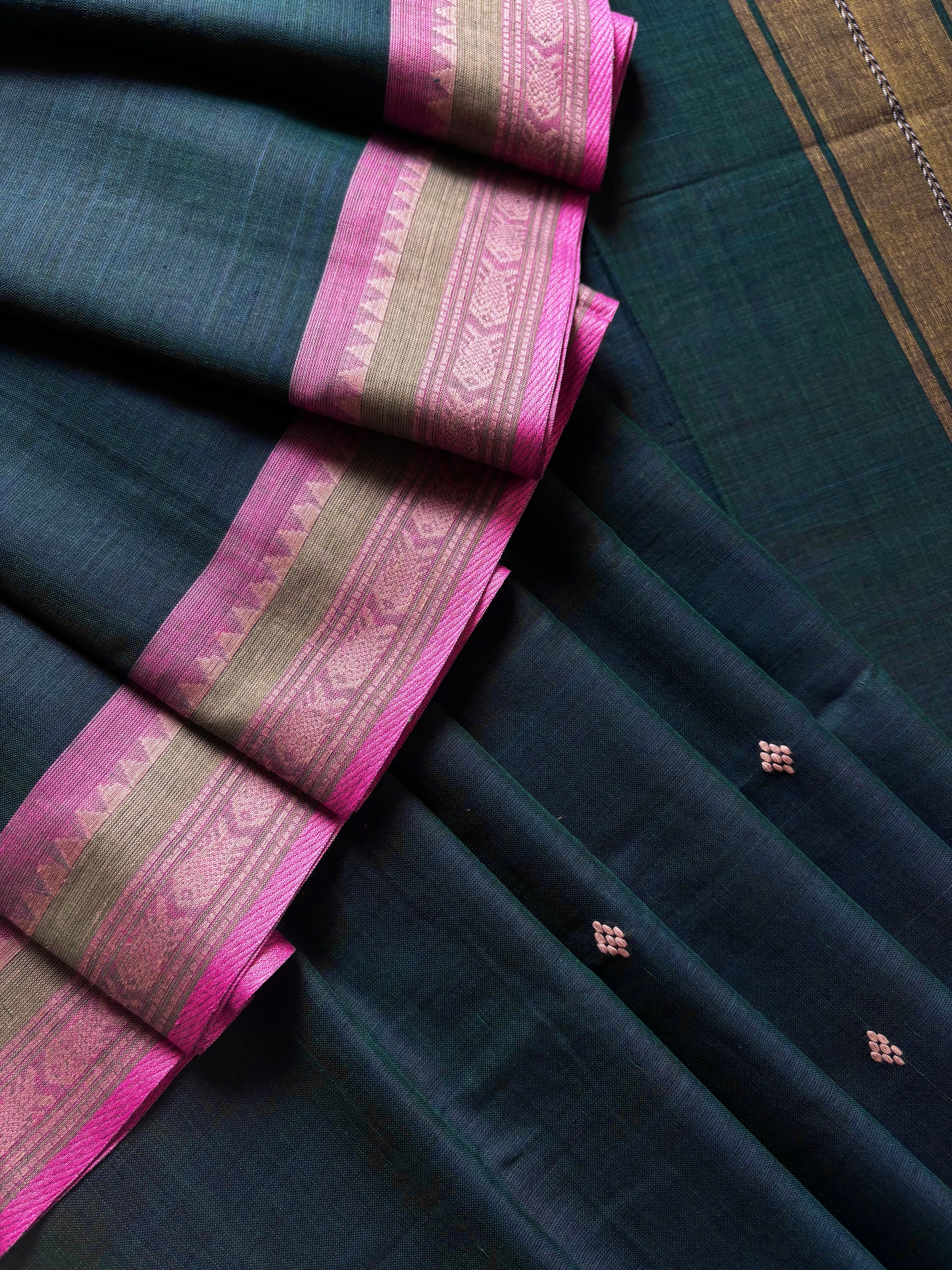Handwoven Peacock Blue Colour Cotton Dhonekhali Saree