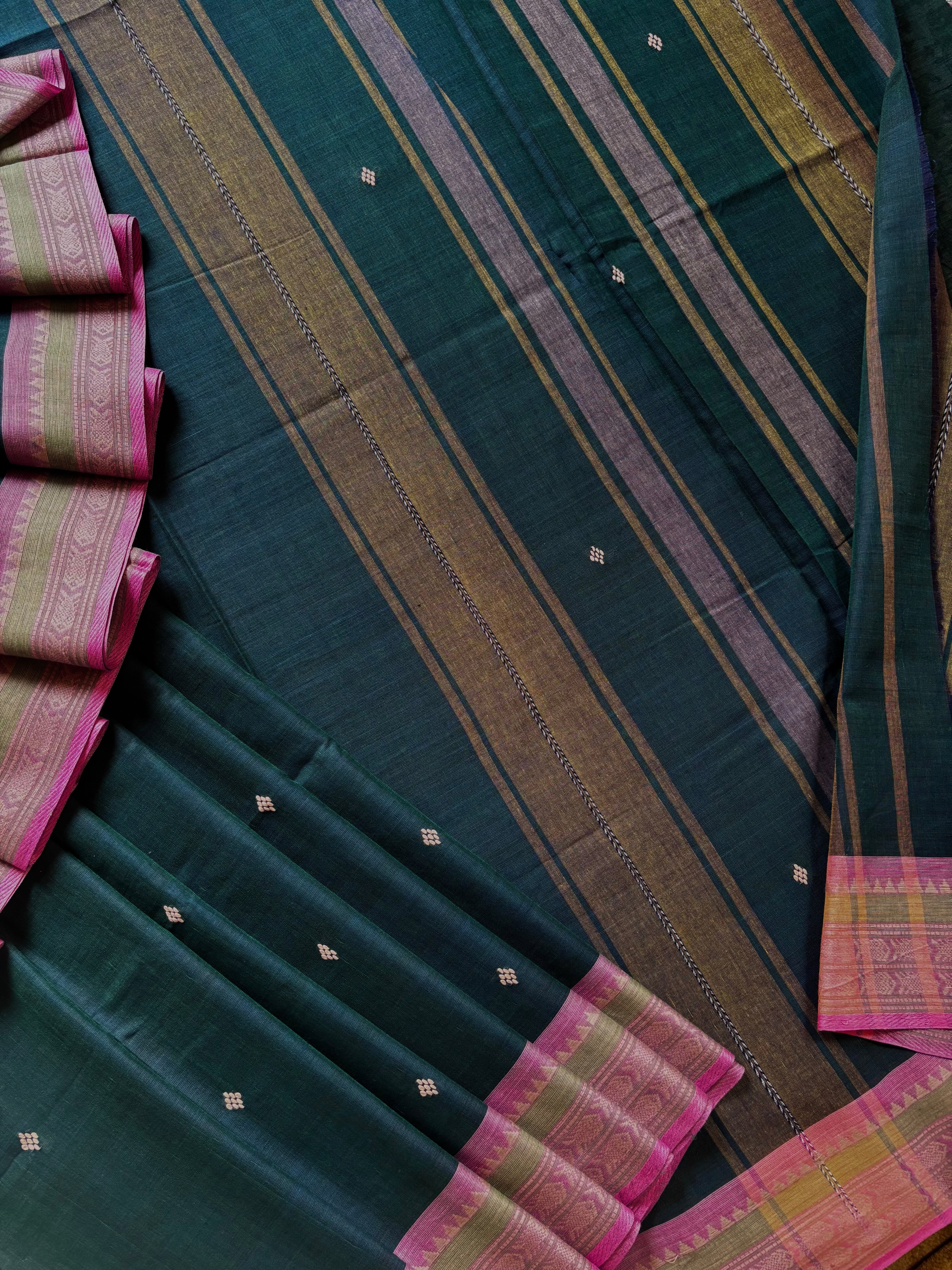 Handwoven Peacock Blue Colour Cotton Dhonekhali Saree