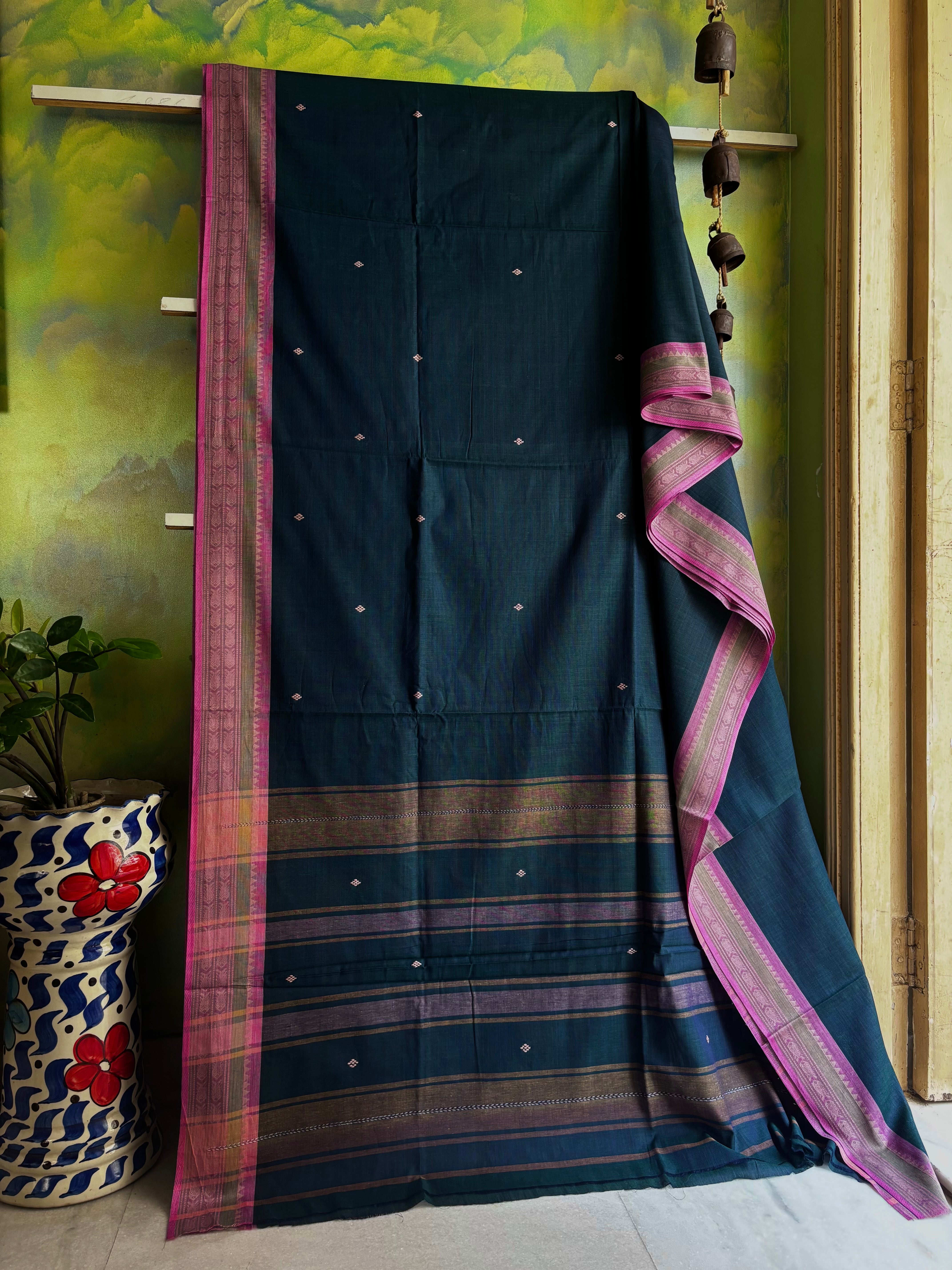 Handwoven Peacock Blue Colour Cotton Dhonekhali Saree