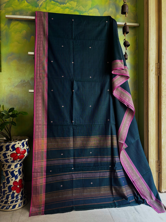Handwoven Peacock Blue Colour Cotton Dhonekhali Saree