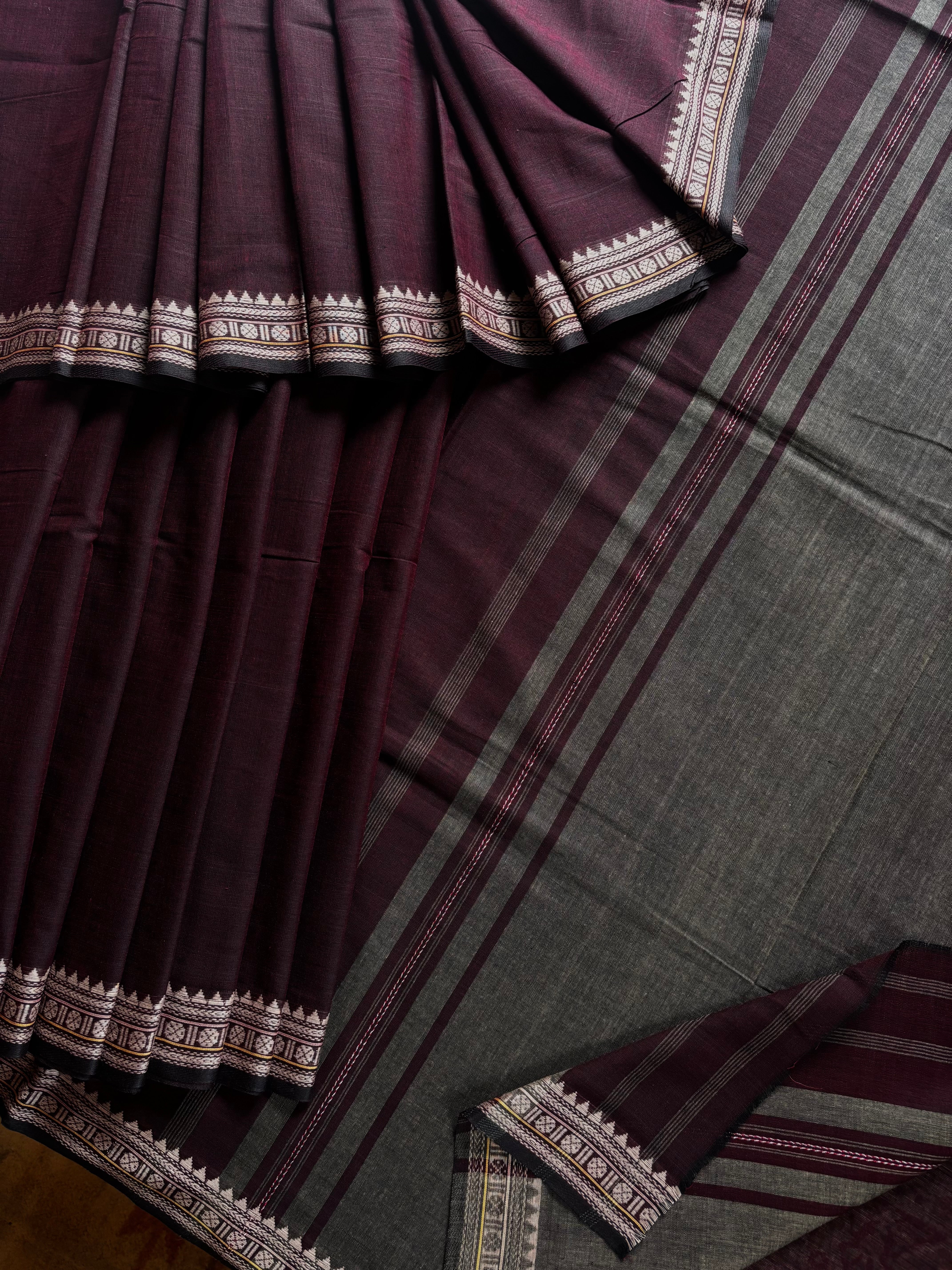 Handwoven Wine Colour Cotton Dhonekhali Saree