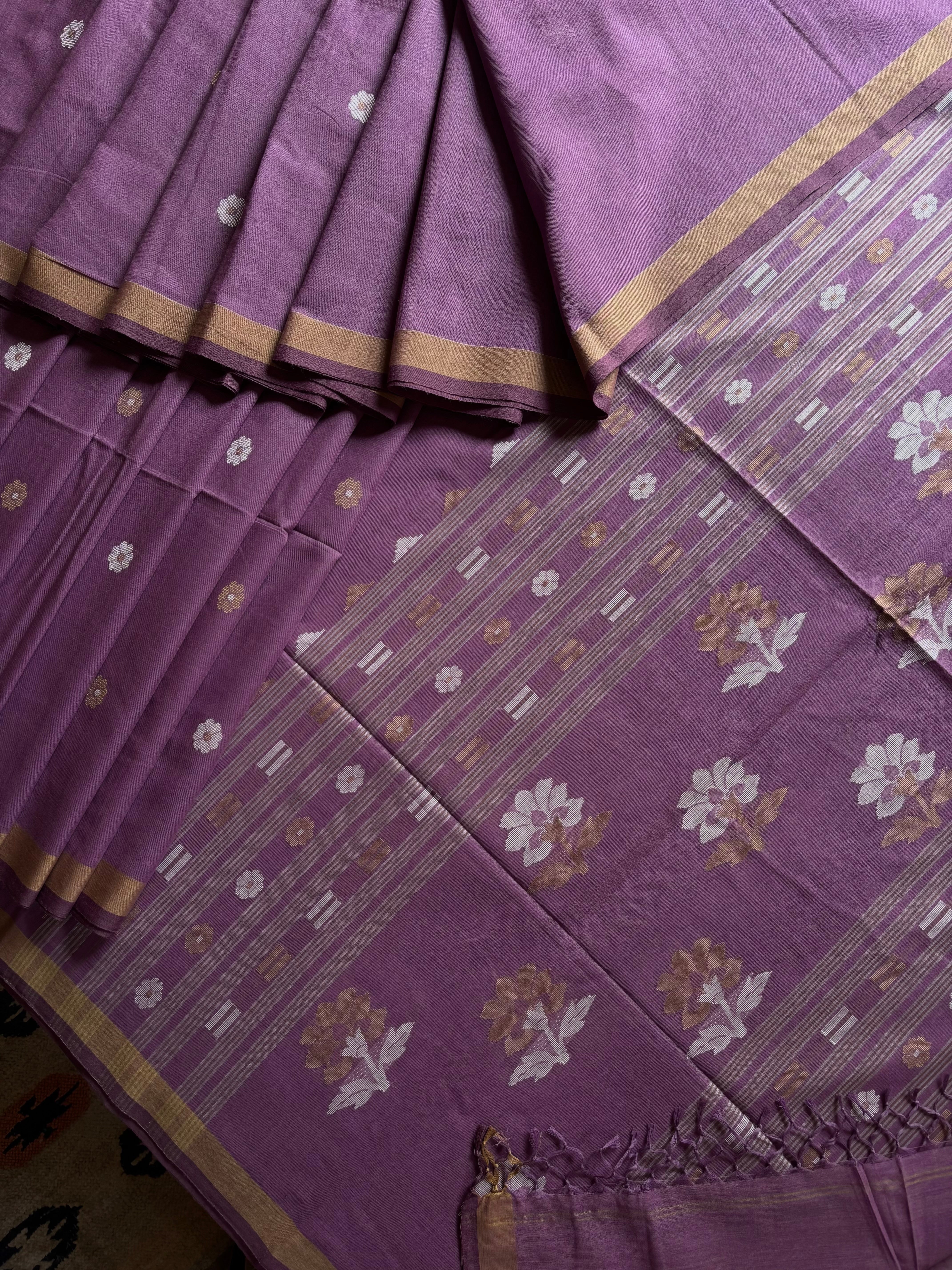 Handwoven Violet Colour Cotton Jamdani Saree