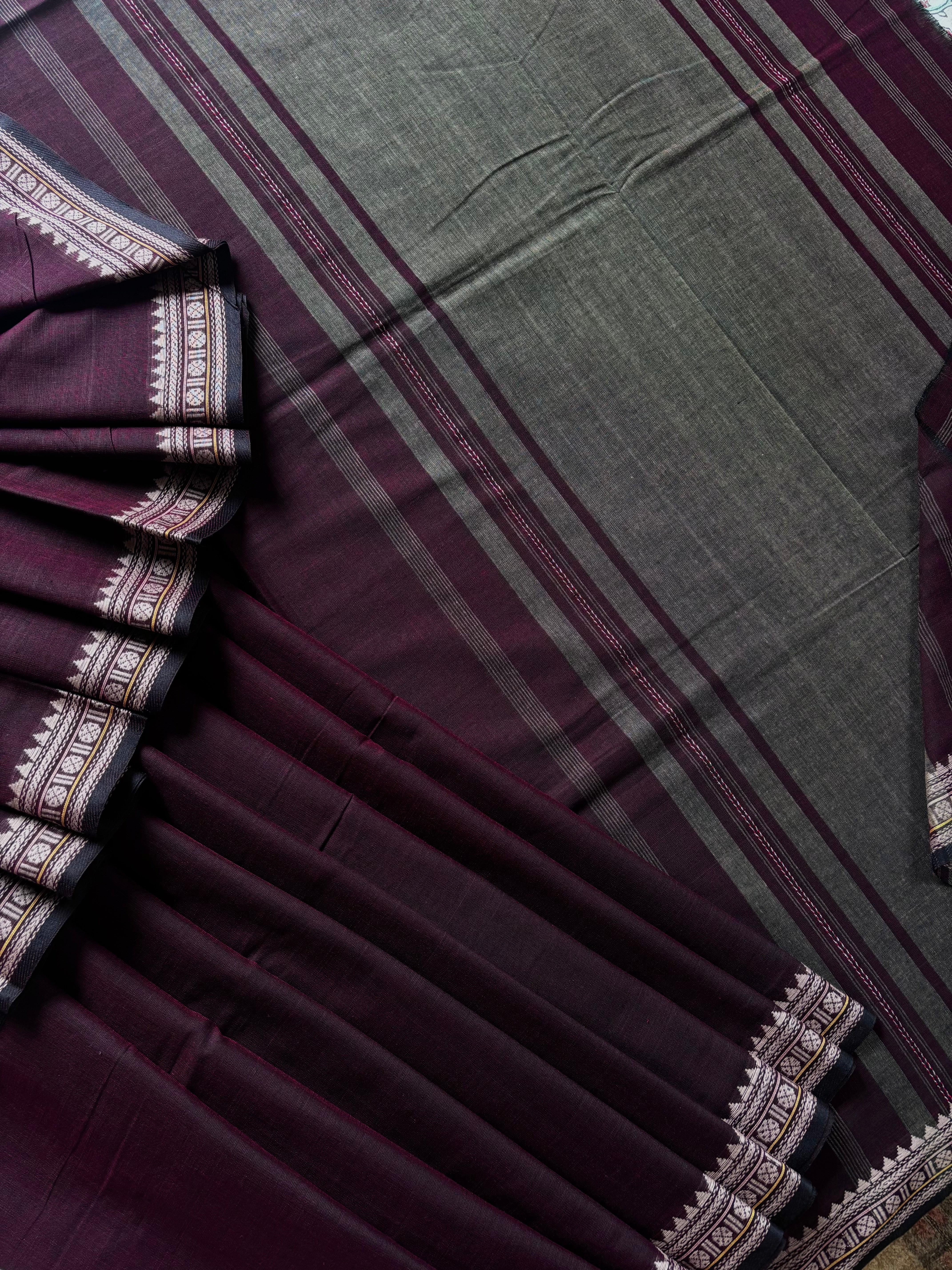 Handwoven Wine Colour Cotton Dhonekhali Saree