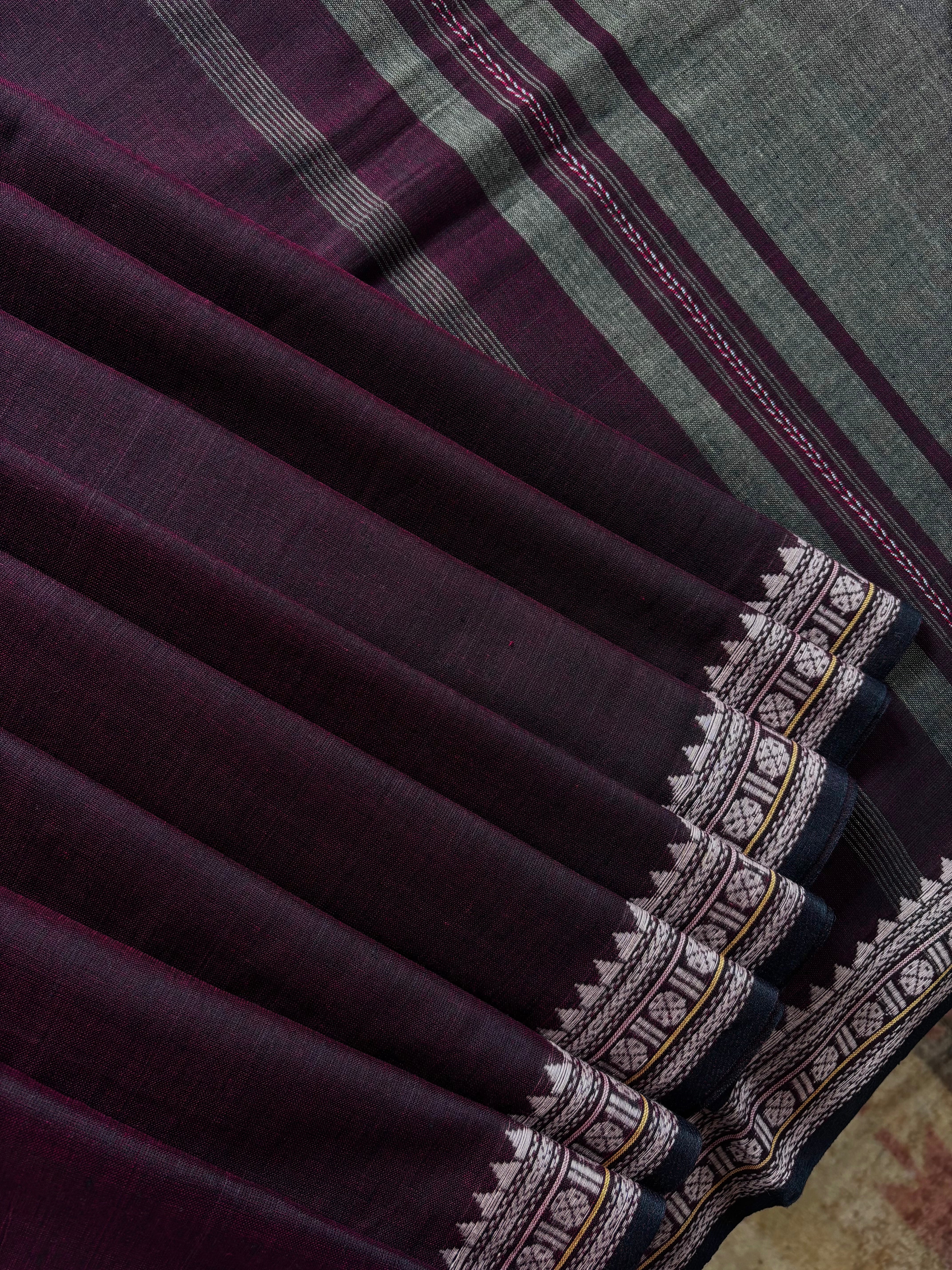 Handwoven Wine Colour Cotton Dhonekhali Saree