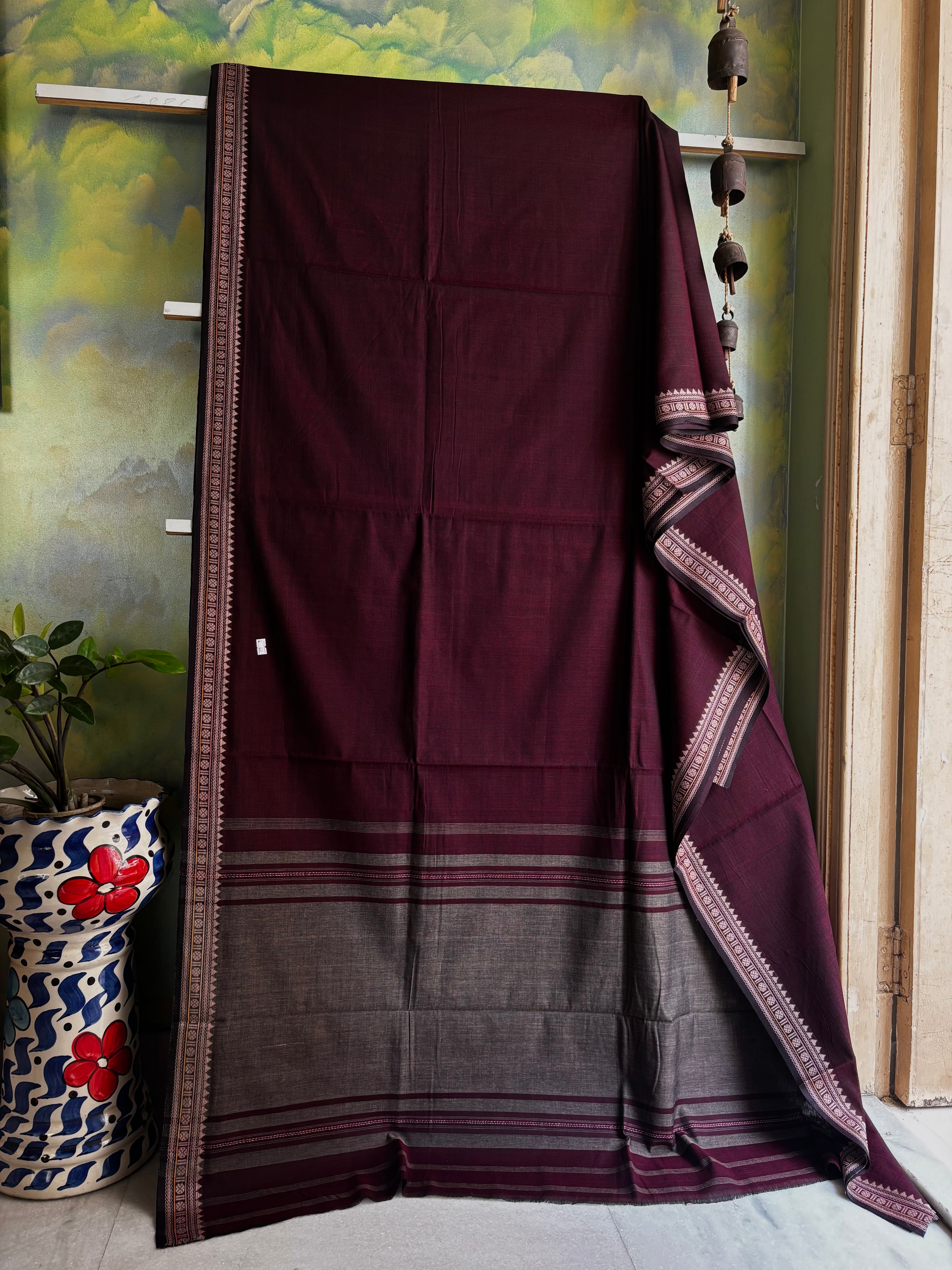 Handwoven Wine Colour Cotton Dhonekhali Saree