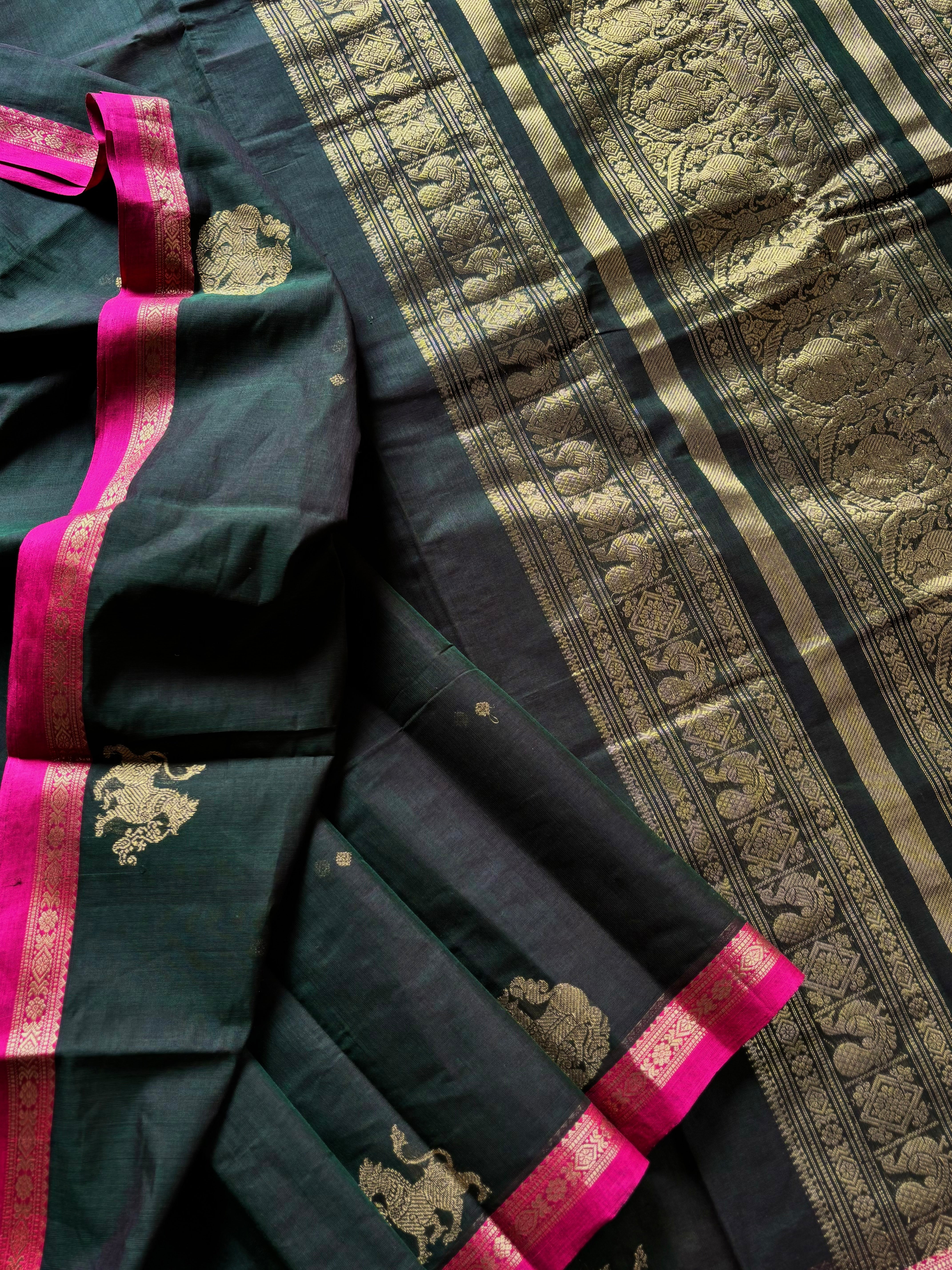 Handwoven Dual Toned Green Kanchi Cotton Saree