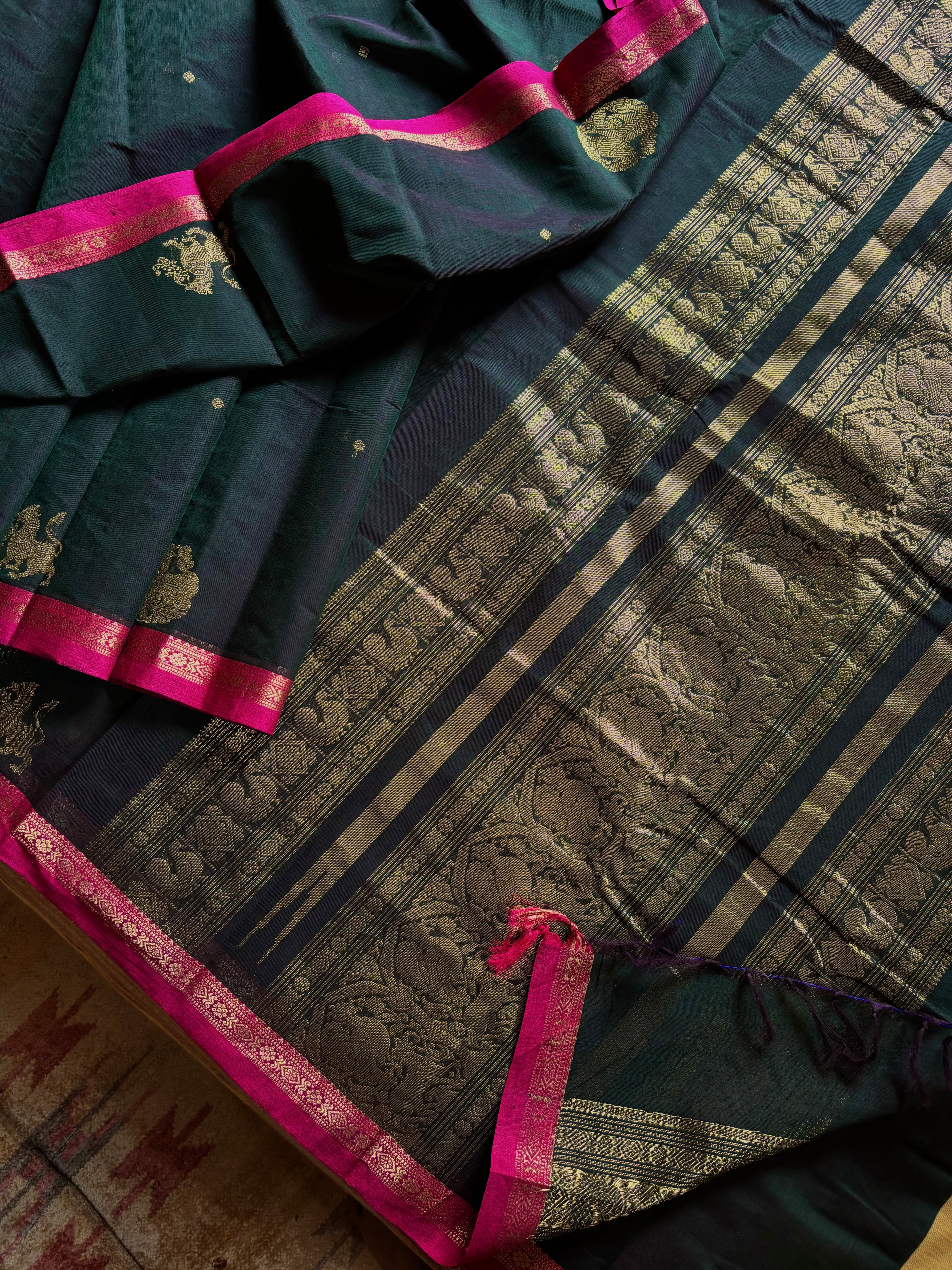 Handwoven Dual Toned Green Kanchi Cotton Saree