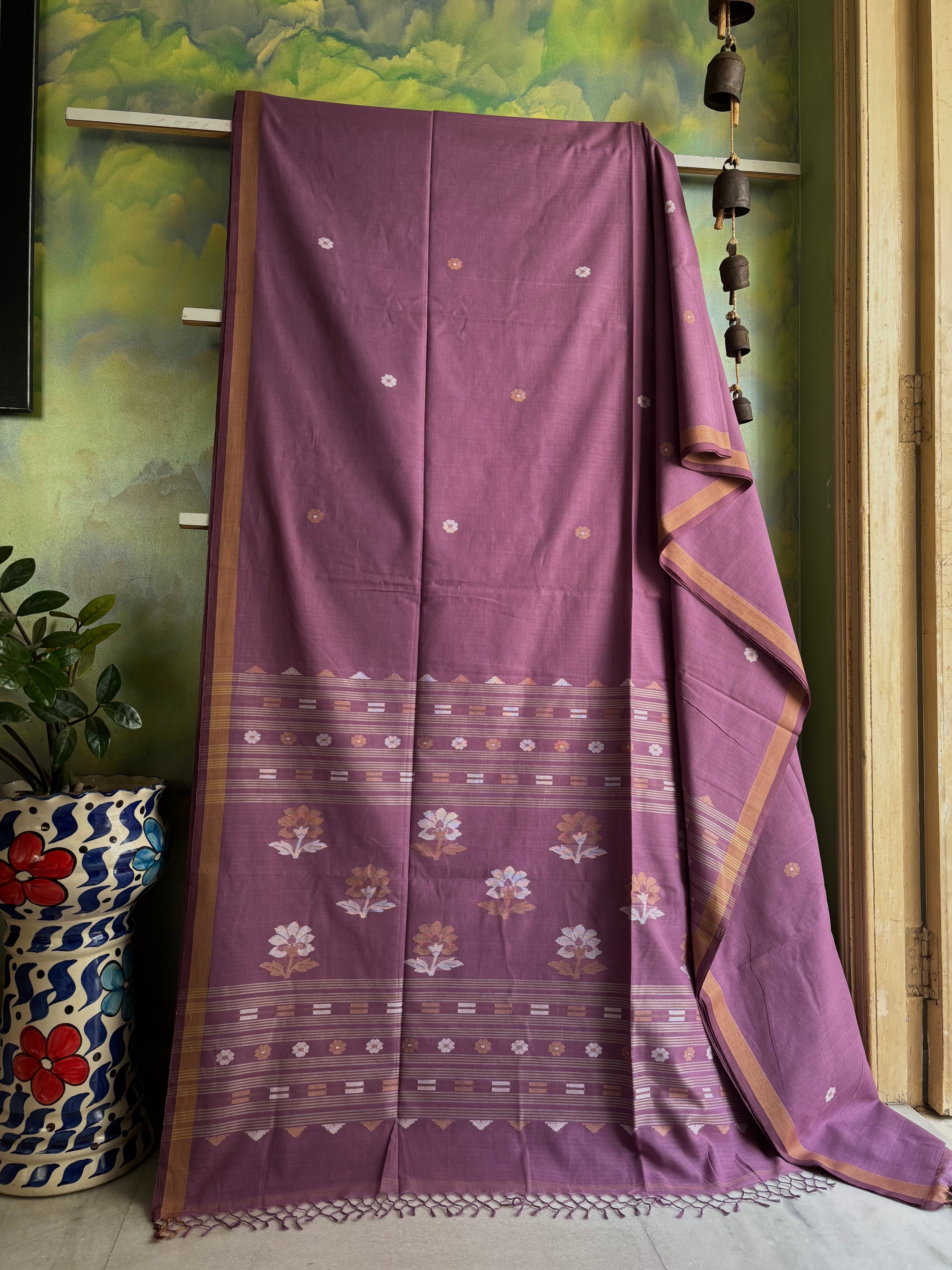 Handwoven Violet Colour Cotton Jamdani Saree