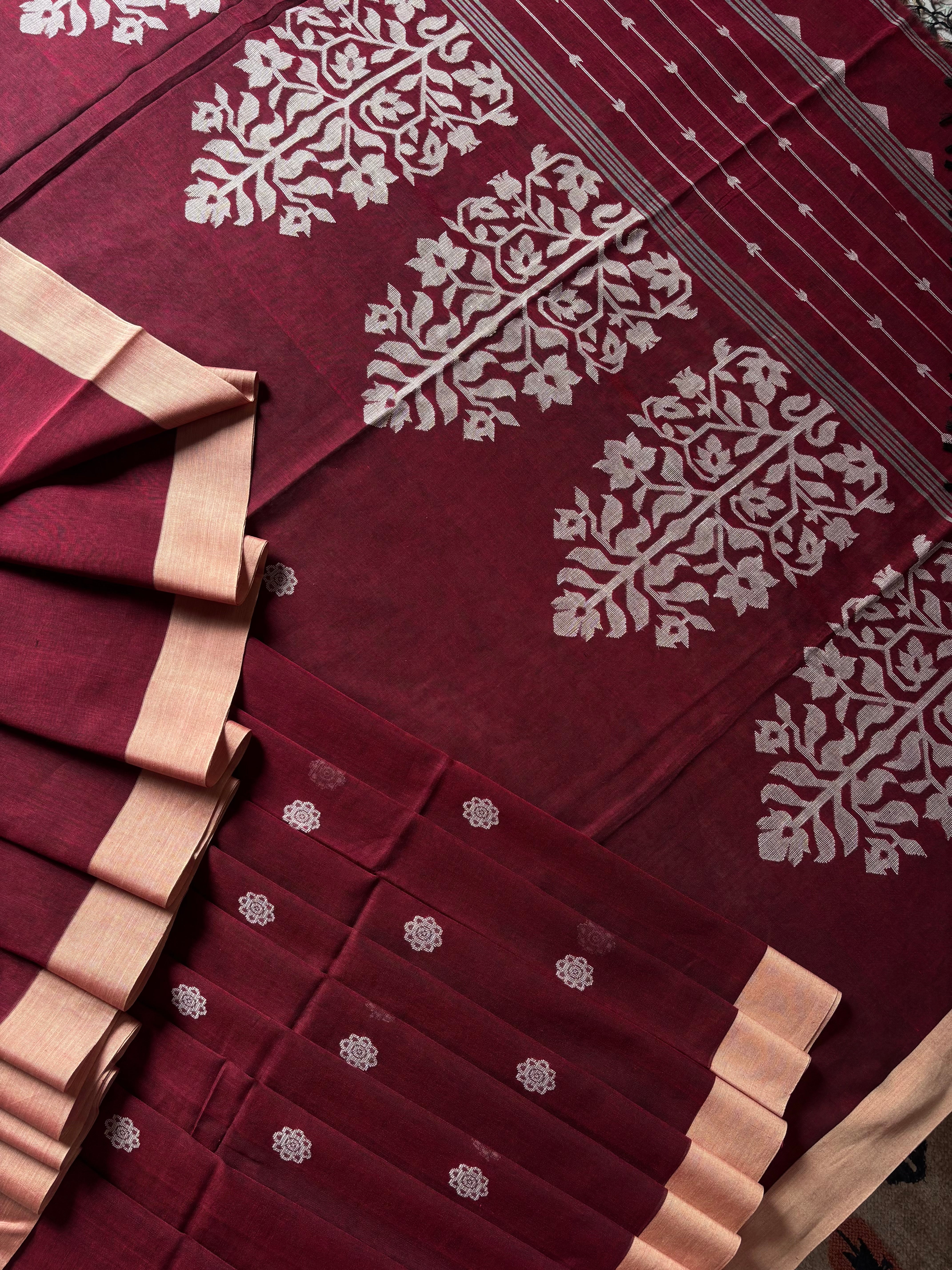Handwoven Maroon Colour Cotton Jamdani Saree