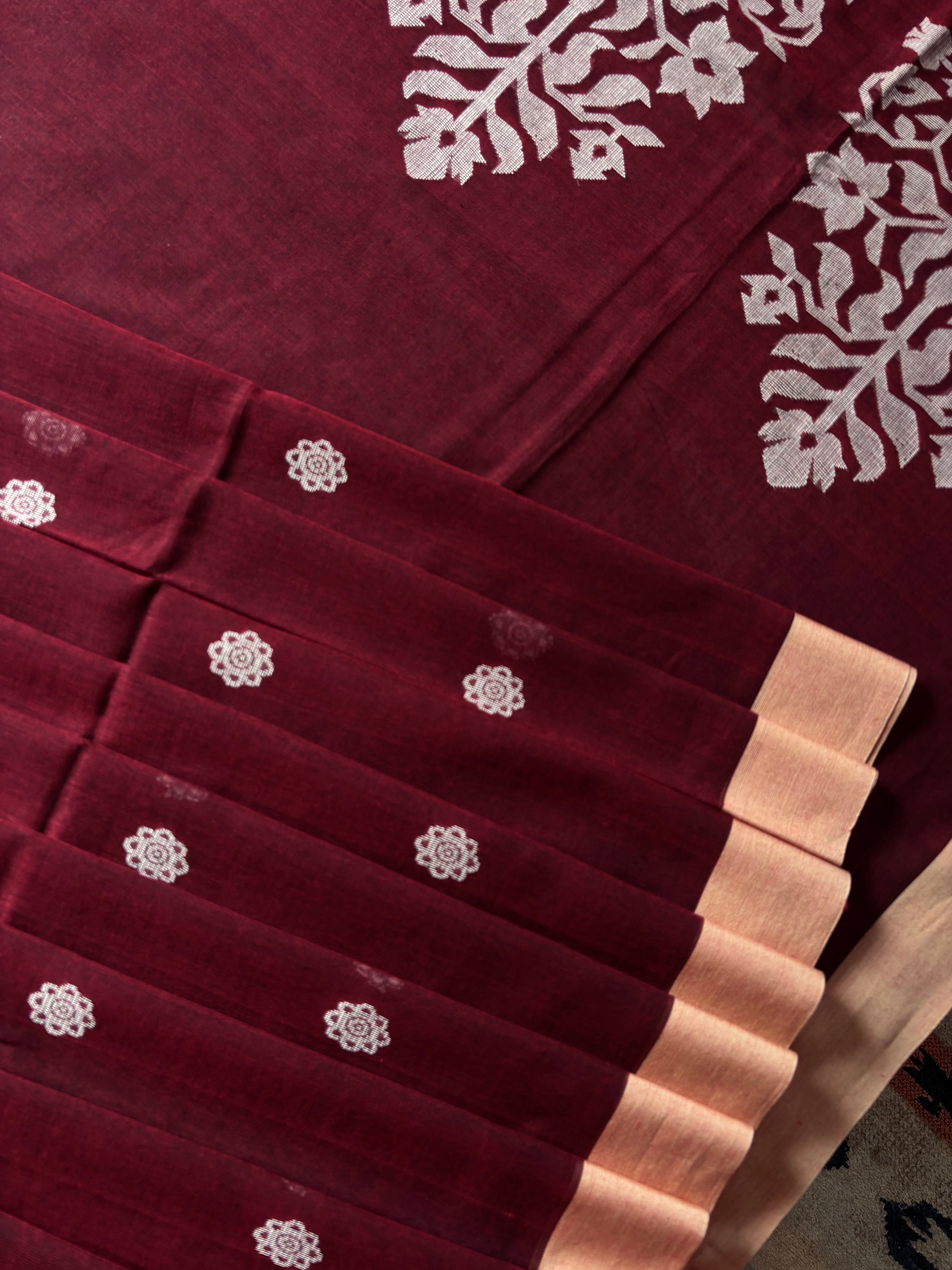 Handwoven Maroon Colour Cotton Jamdani Saree