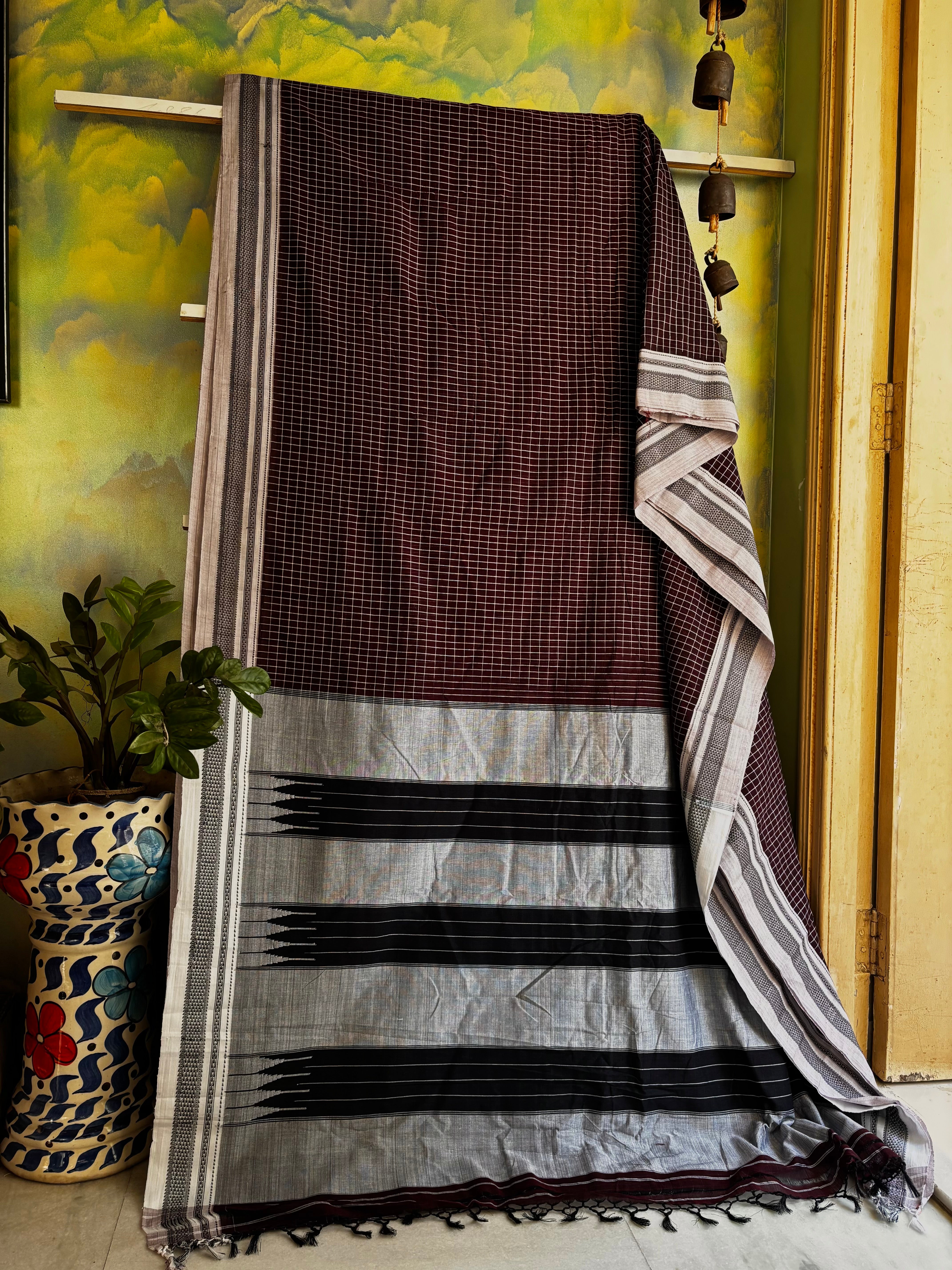 Handwoven Dark Brown Cotton Ilkal Saree