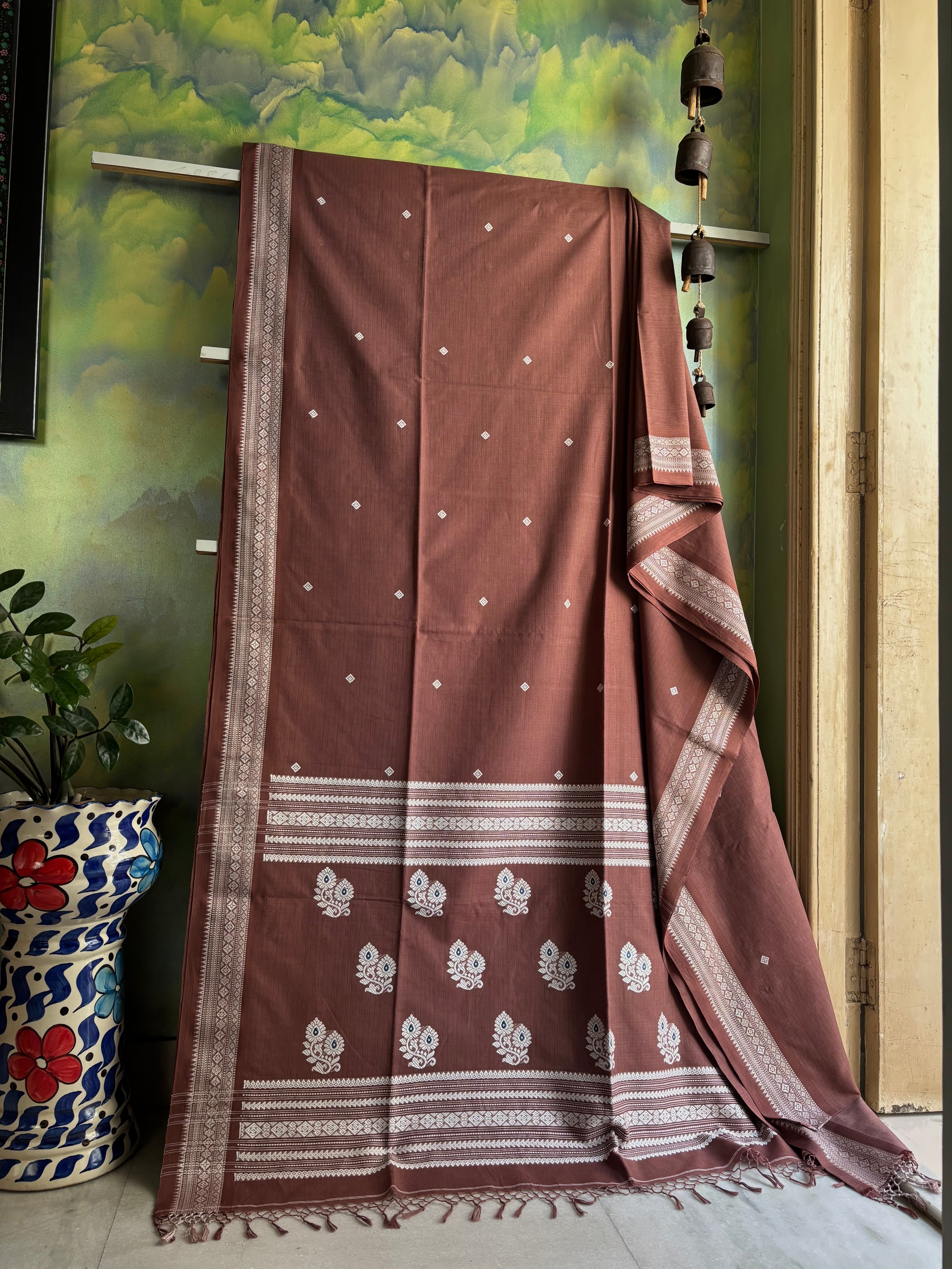 Handwoven Light Brown Colour Phulia Cotton Saree