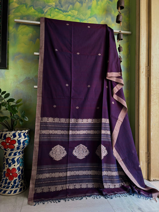 Handwoven Dark Purple Navy Dual Toned Cotton Jamdani Saree