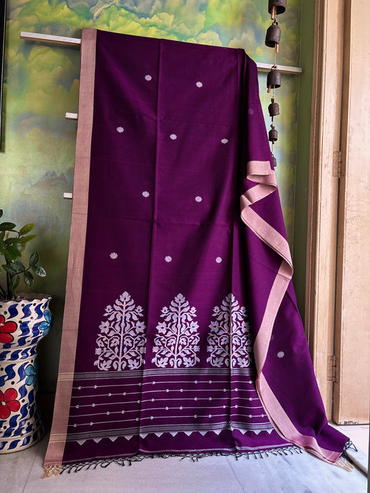 Handwoven Dark Purple Cotton Jamdani Saree