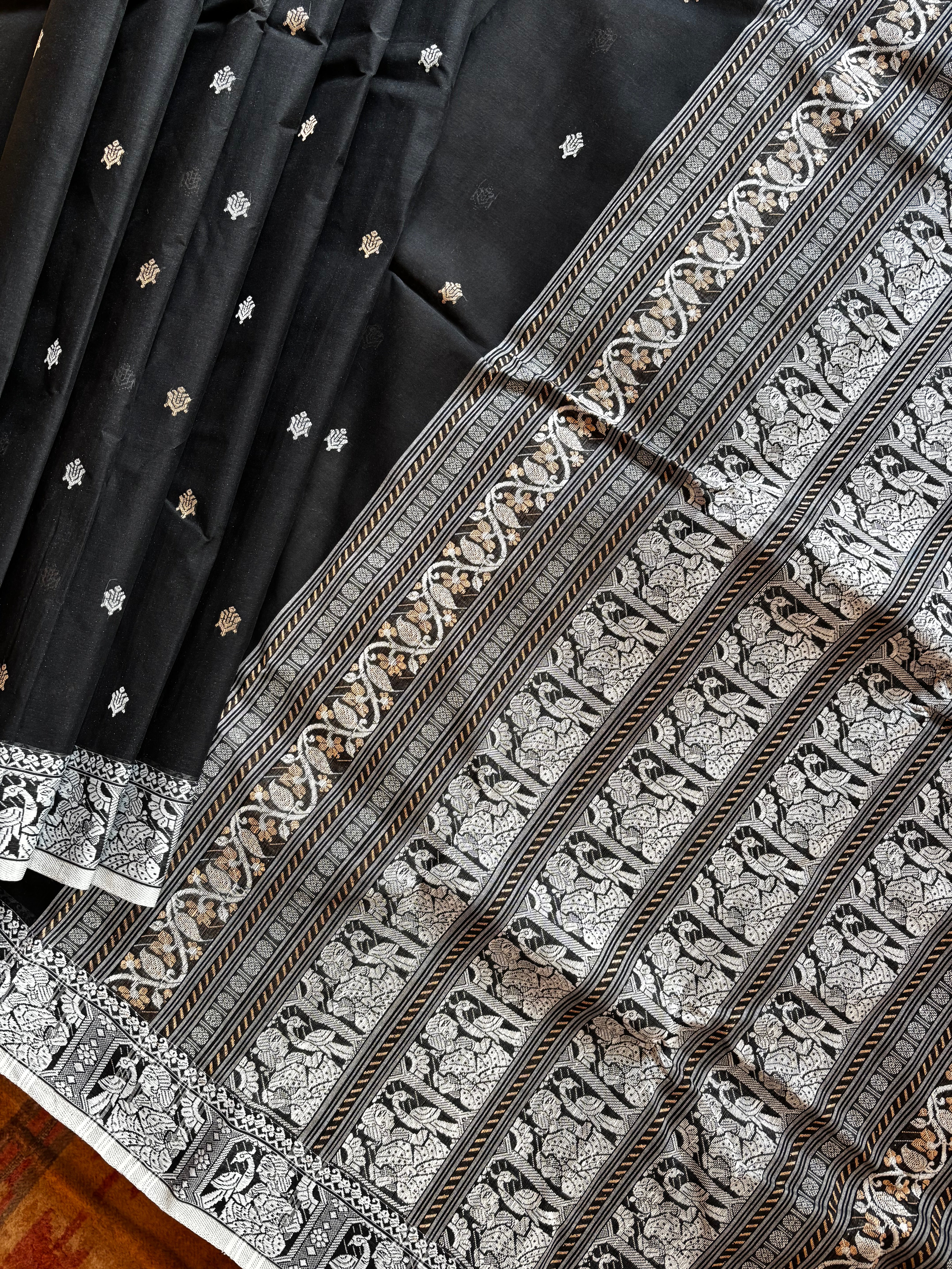 Handwoven Black White Cotton Baluchari Saree
